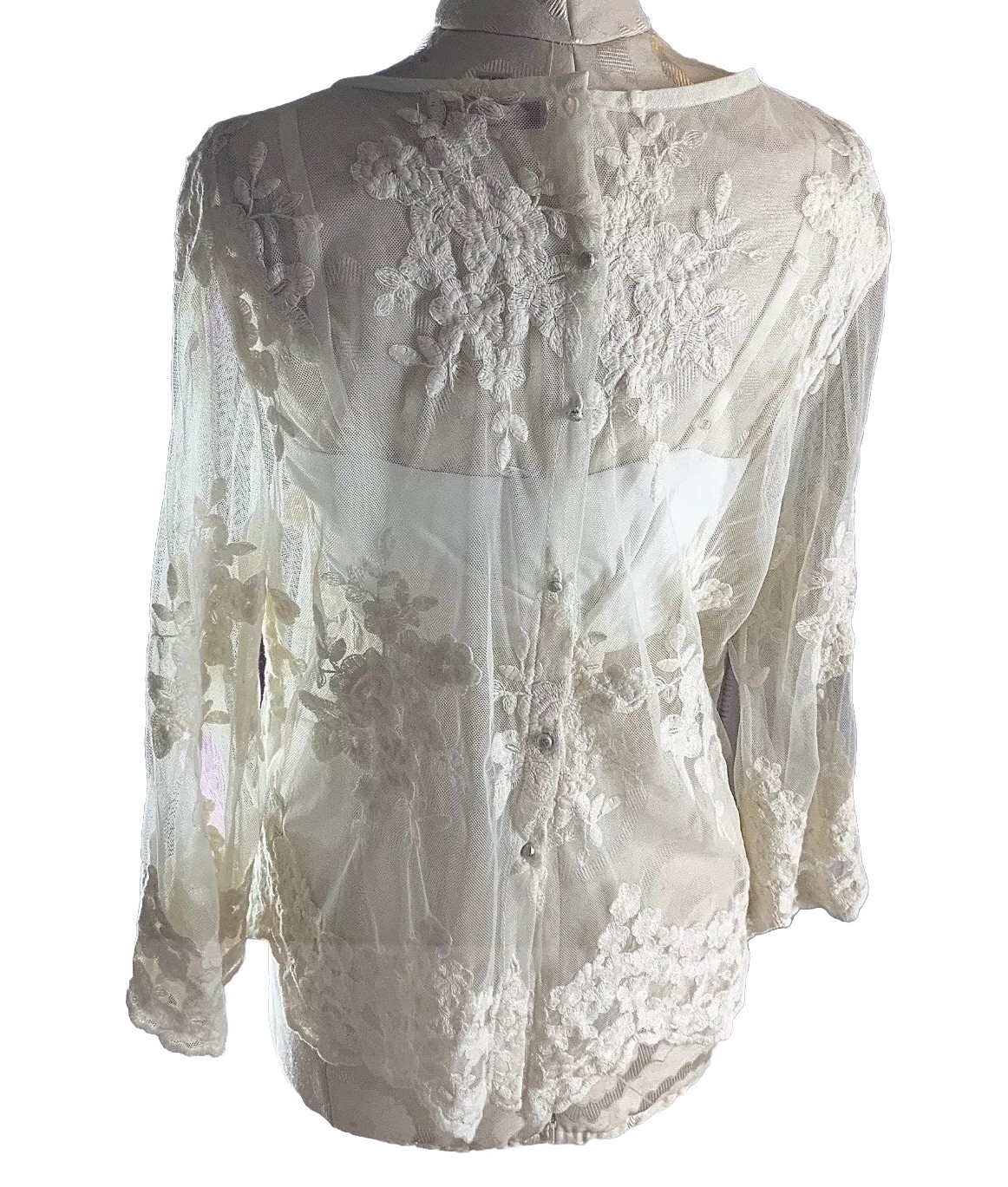 Ladies Sheer Embroidered Eggshell Net Blouse FOREVER21 Size Med 3/4 Bell Sleeve