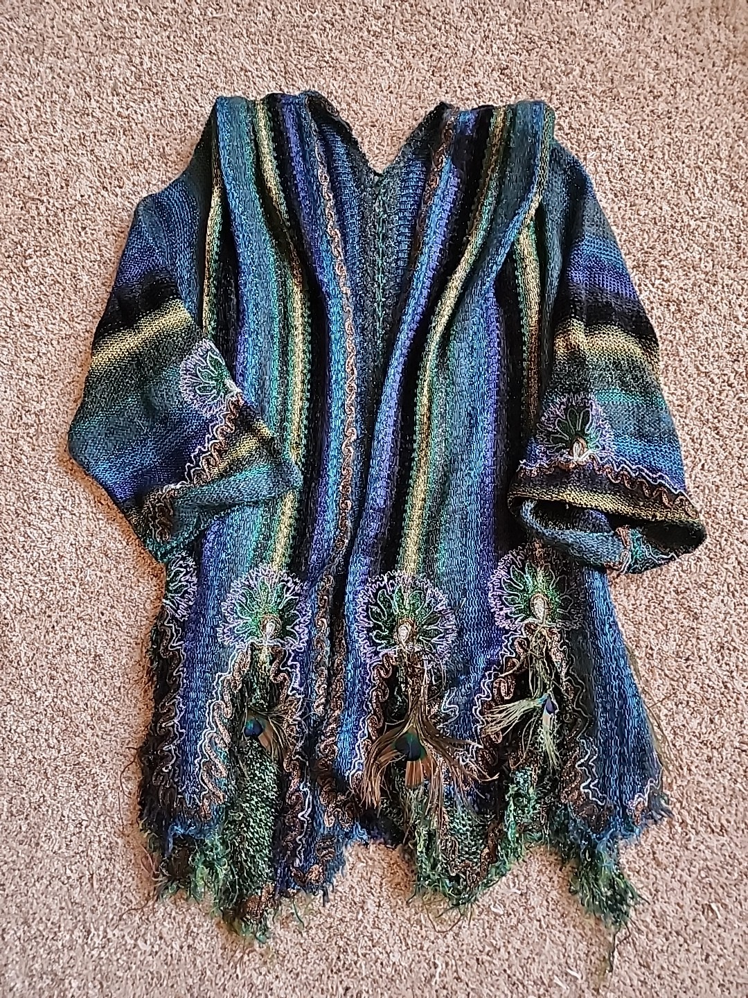 Swing Top Open Front Boho Sweater Peacock Feathers Blue Green Sparkles Vintage