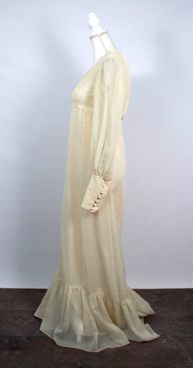 Vtg Women’s 70s Cream Prairie Maxi Dress 1970s Long Gown Sz XS/S Candi Jones