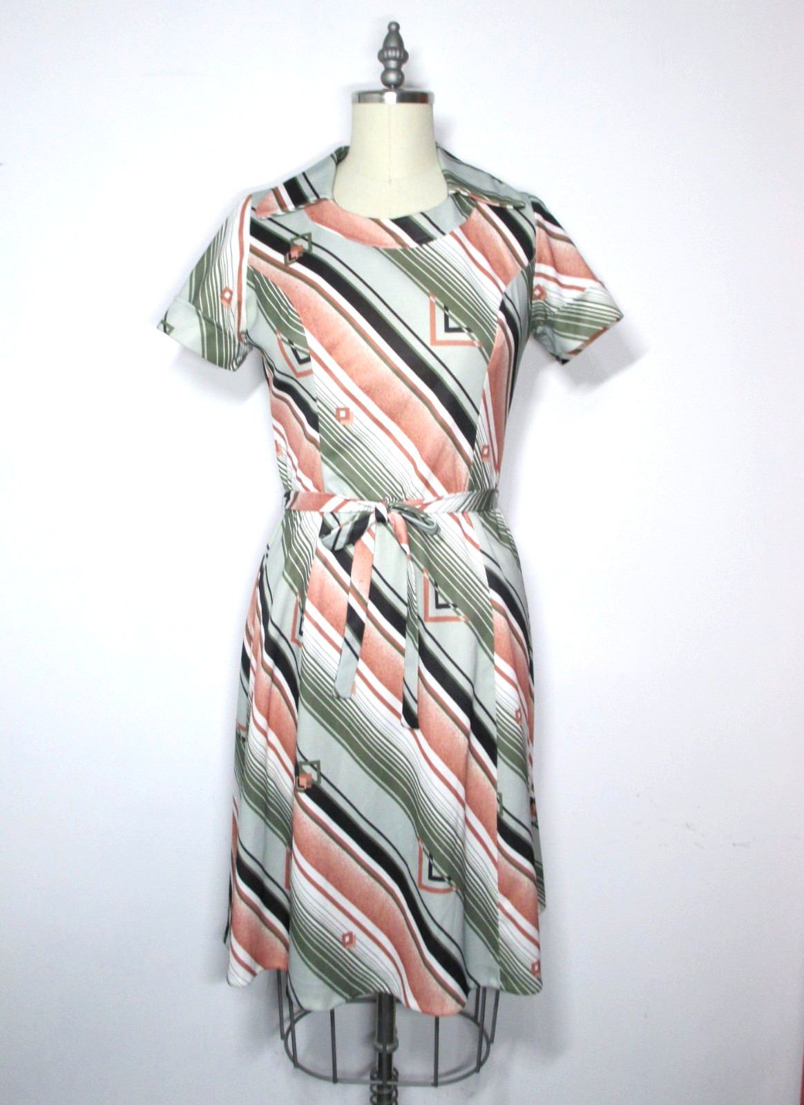 Vintage 70s Polyester A-line Dress, Olive, Pink& Black, Nice, Size M