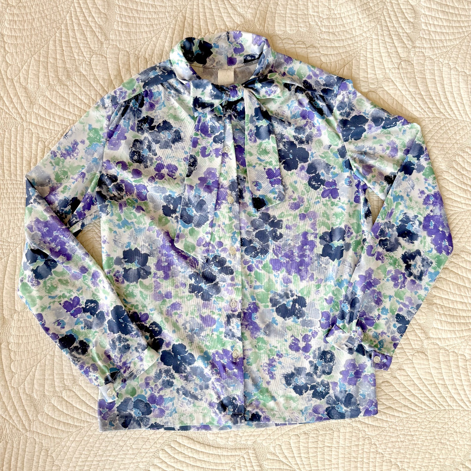 Vintage Secretary Necktie Purple Floral Blouse Size L