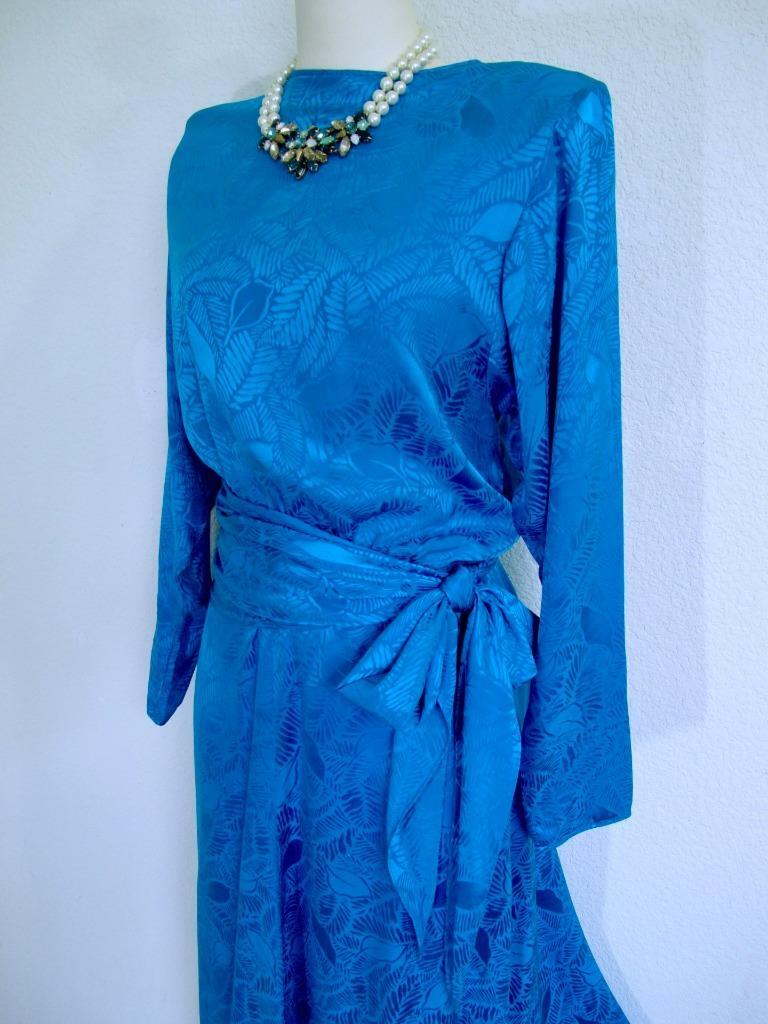 Vintage 80s Jerry Regenbogen Silk Dress 6 Sapphire Blue Sash Wrap Retro Glam