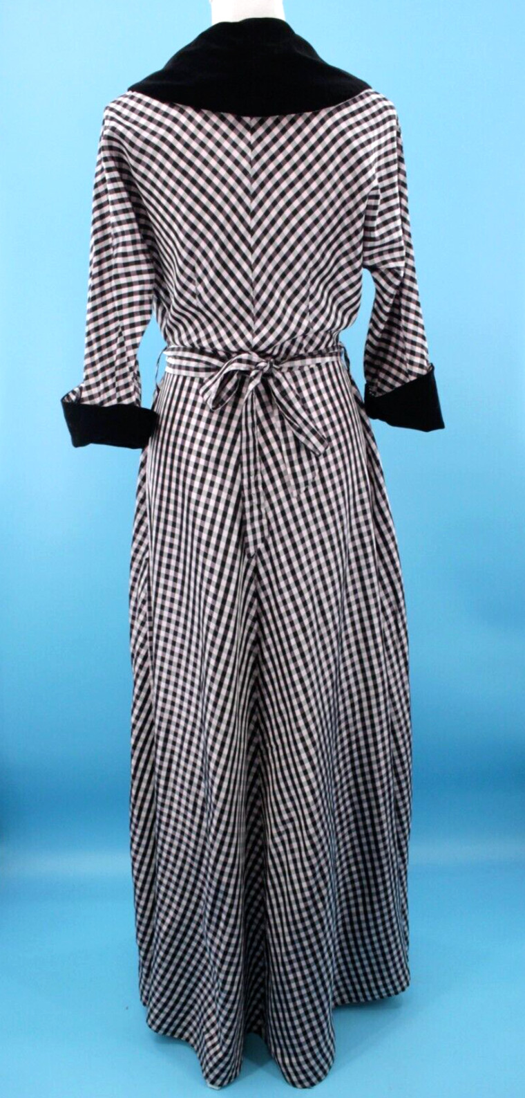Vtg Womens 40s Black & Pink Checked Gown W/ Velvet Trim XS/S 1940s Taffeta Dress