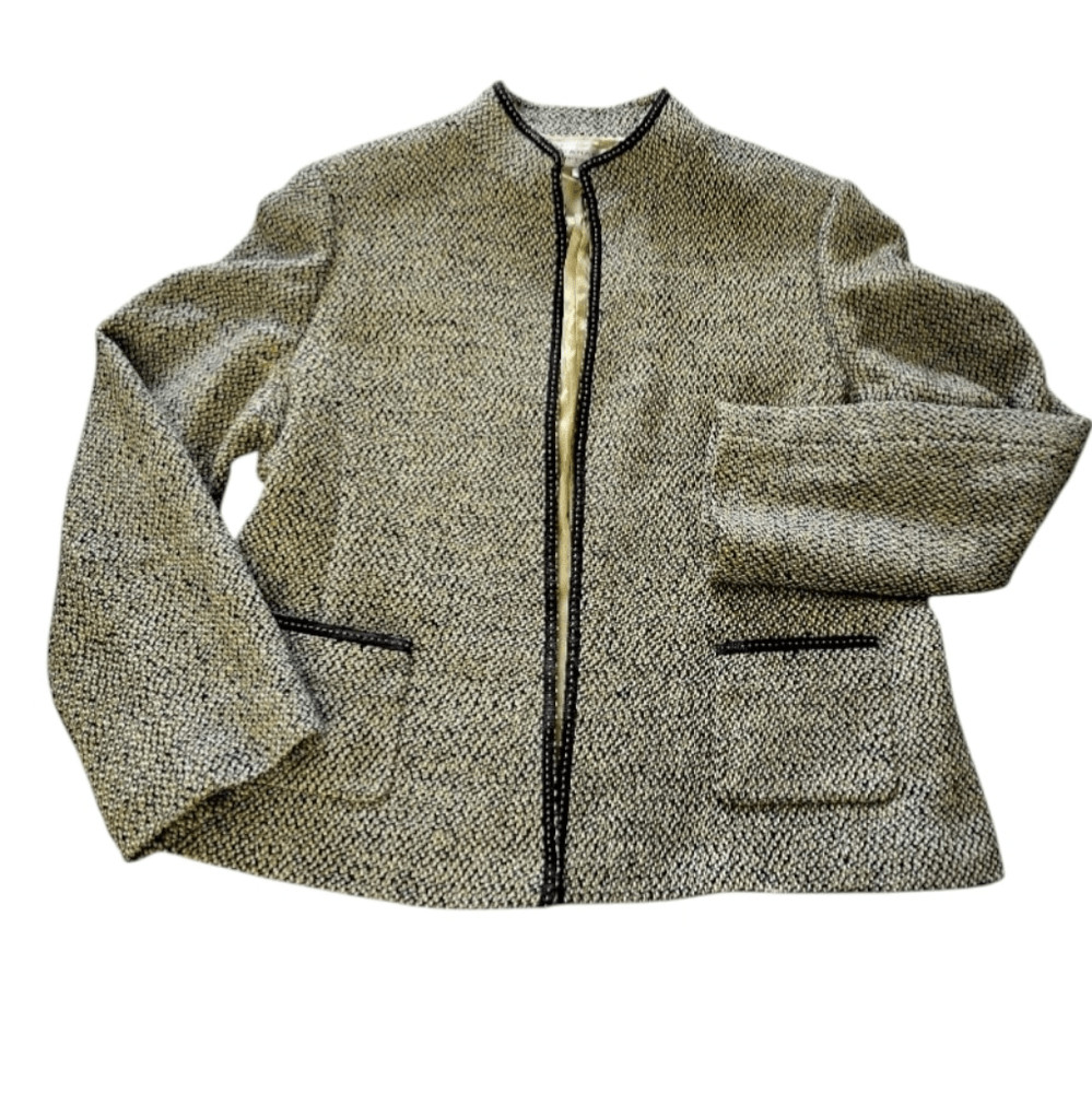VTG Tahari Green Black Herringbone Tweed Open Front Blazer Plussize 18