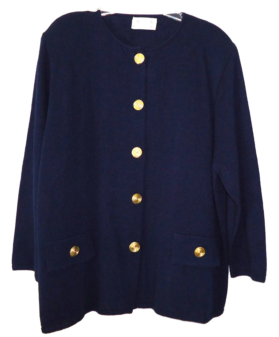 Vtg-80s Danielle by Laura Navy Blue Ladies Acrylic Nylon Cardigan Jacket-3X