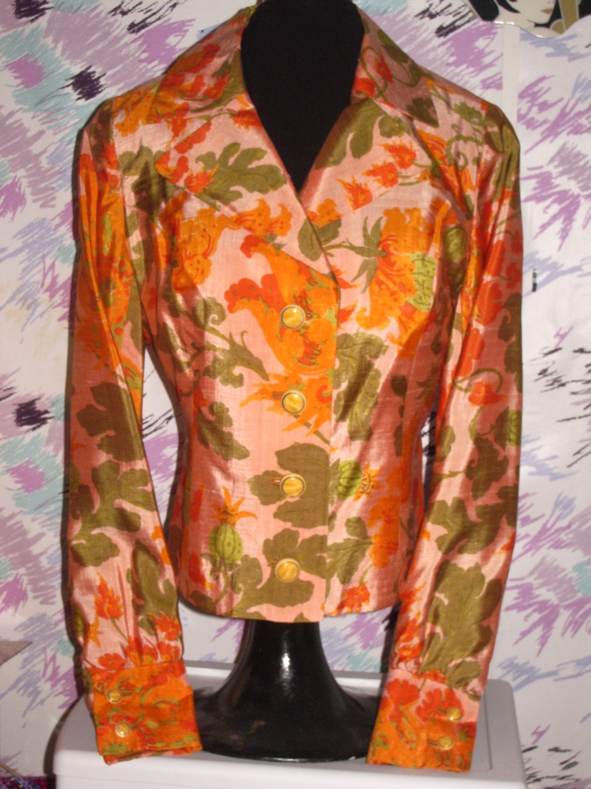 Era 60’s custom tailored floral silk lady 2 pcs dress jacket stunning size 6-8