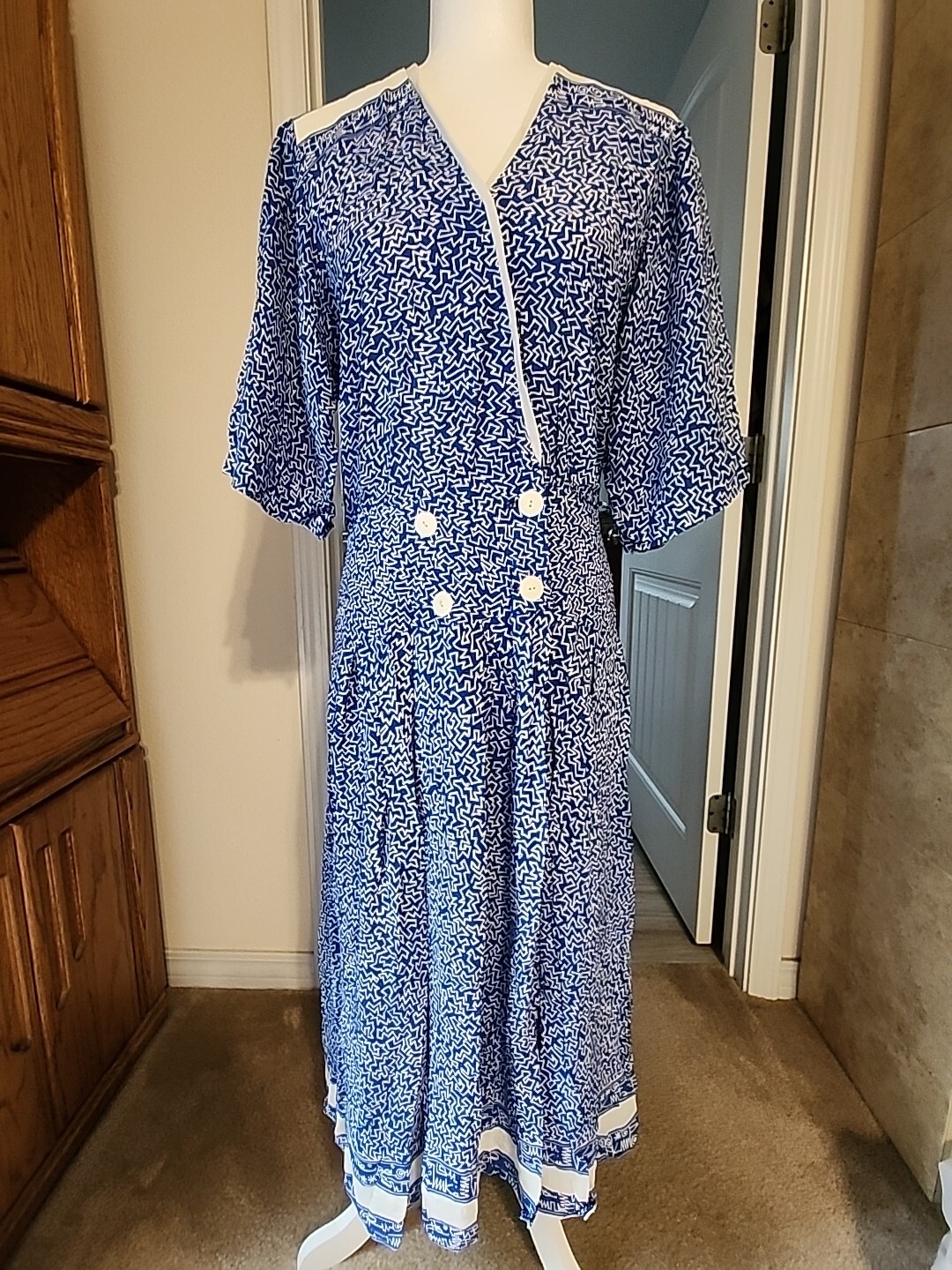 Blue And White 60s Mod Vintage Maxi Dress Fit And Flare Size X-Small/Small