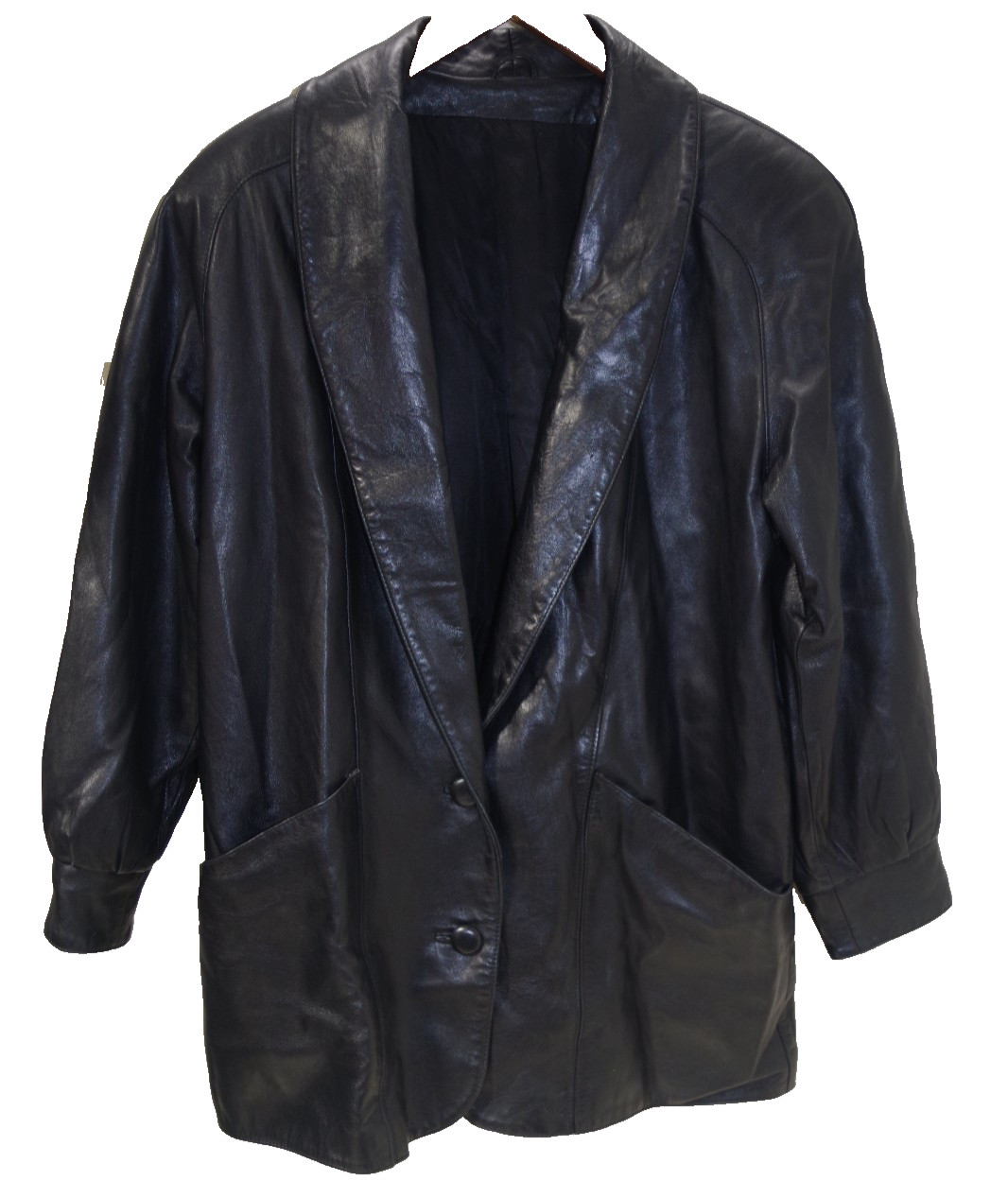 10B Vintage Womens M/L Black Leather Jacket Shawl Collar Raglan Coat