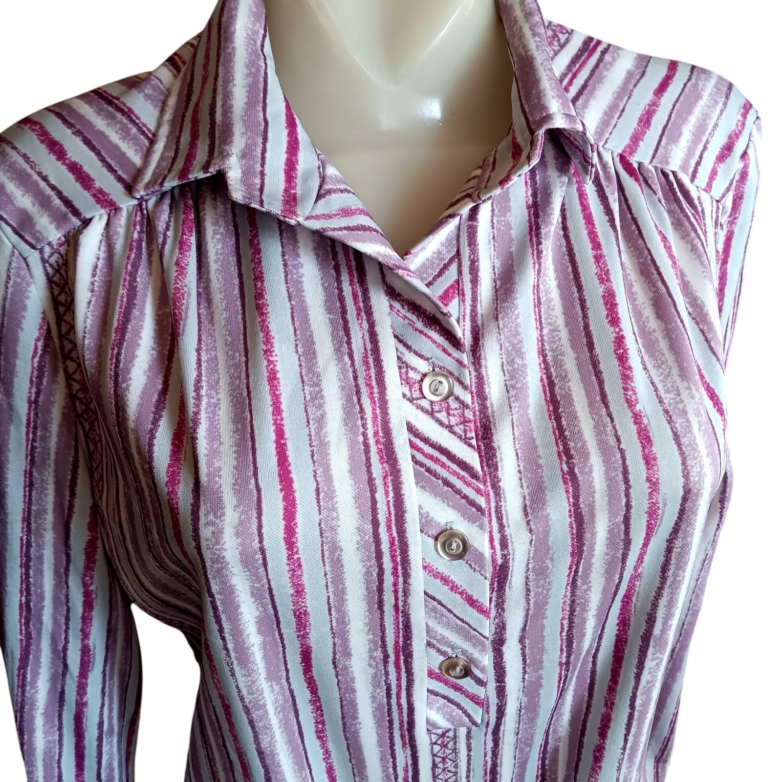 True Vintage Top 10 Medium 1970s Purple Polyester Striped Collared Ko Ko Knits