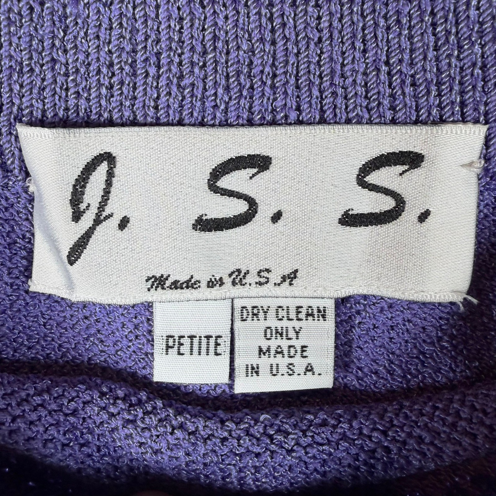 Vintage J.S.S. Purple Wool Blend Knit Skirt Suit Set Gold Crest Buttons Size S