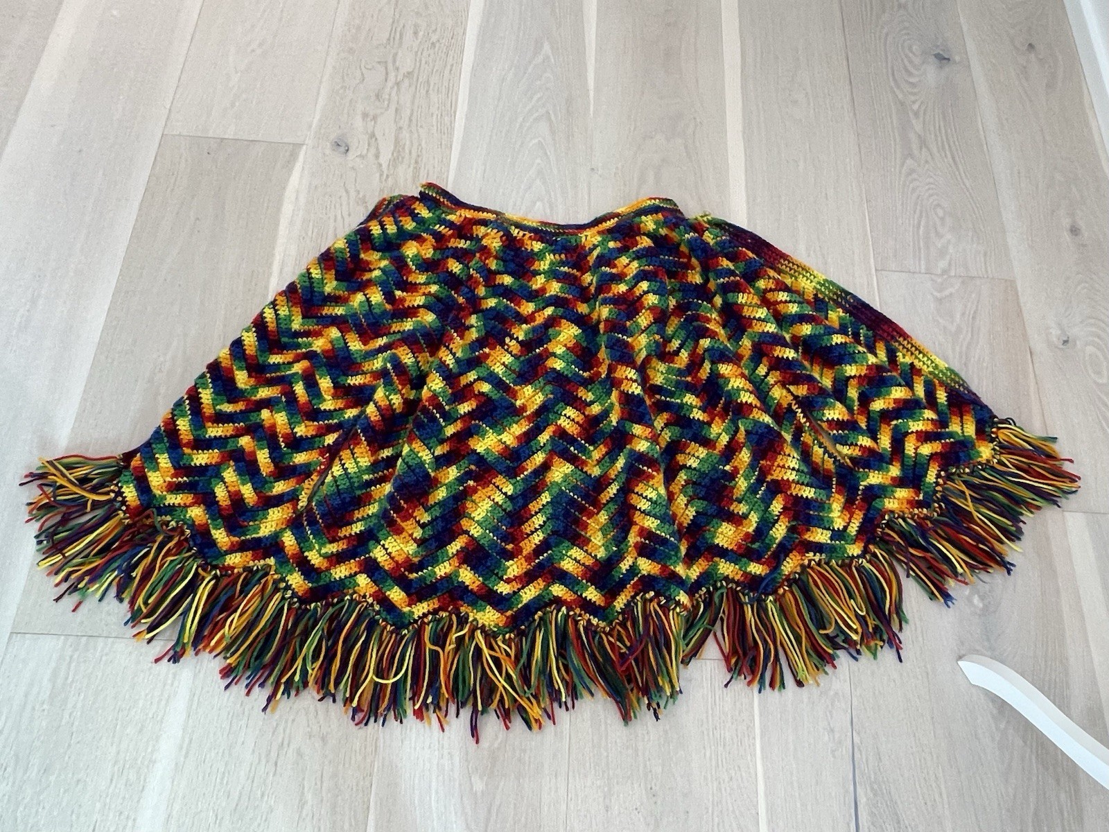 Vintage Handmade Crochet Poncho BOHO Fringe Button Up Festival Hippie OS Color