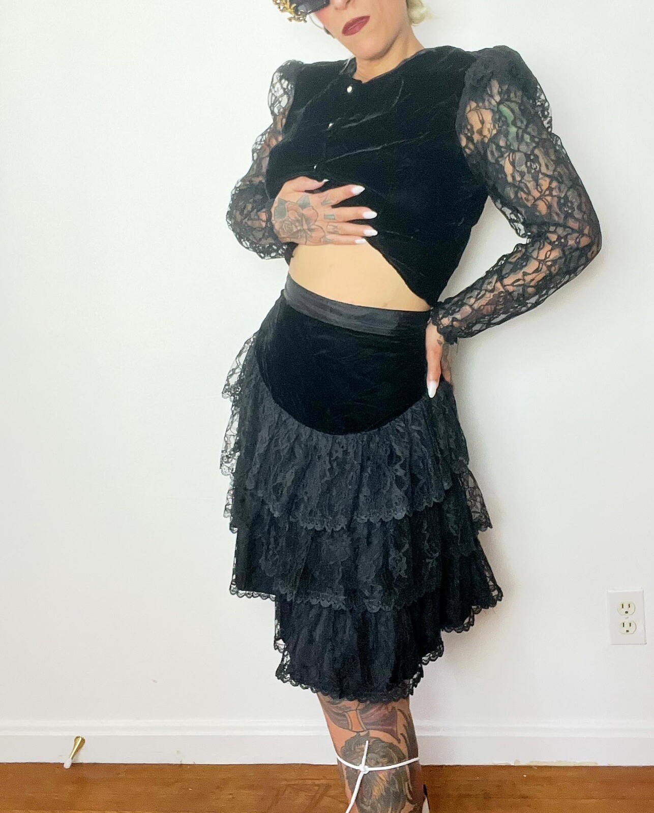 GOTH Punk 1980’s 80s Vintage Velvet & Sheer Lace Sleeve Prom Top Skirt Dress S M