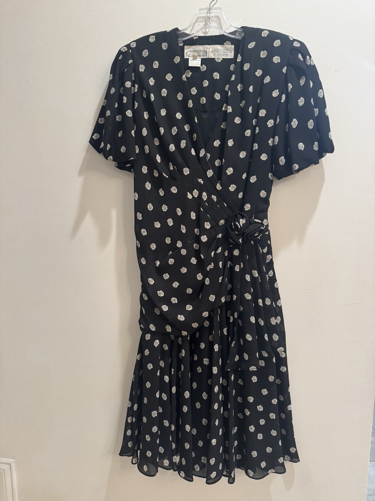 VTG 1980s Liz Roberts Secretary Dress Black+ White Floral Pattern Normcore