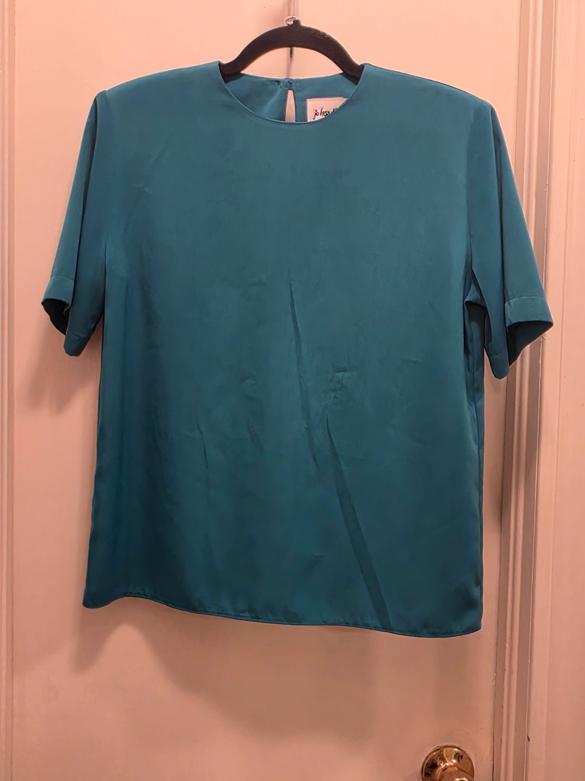 Vintage Jo Hardin Teal Short Sleeve Blouse with Shoulder Pads