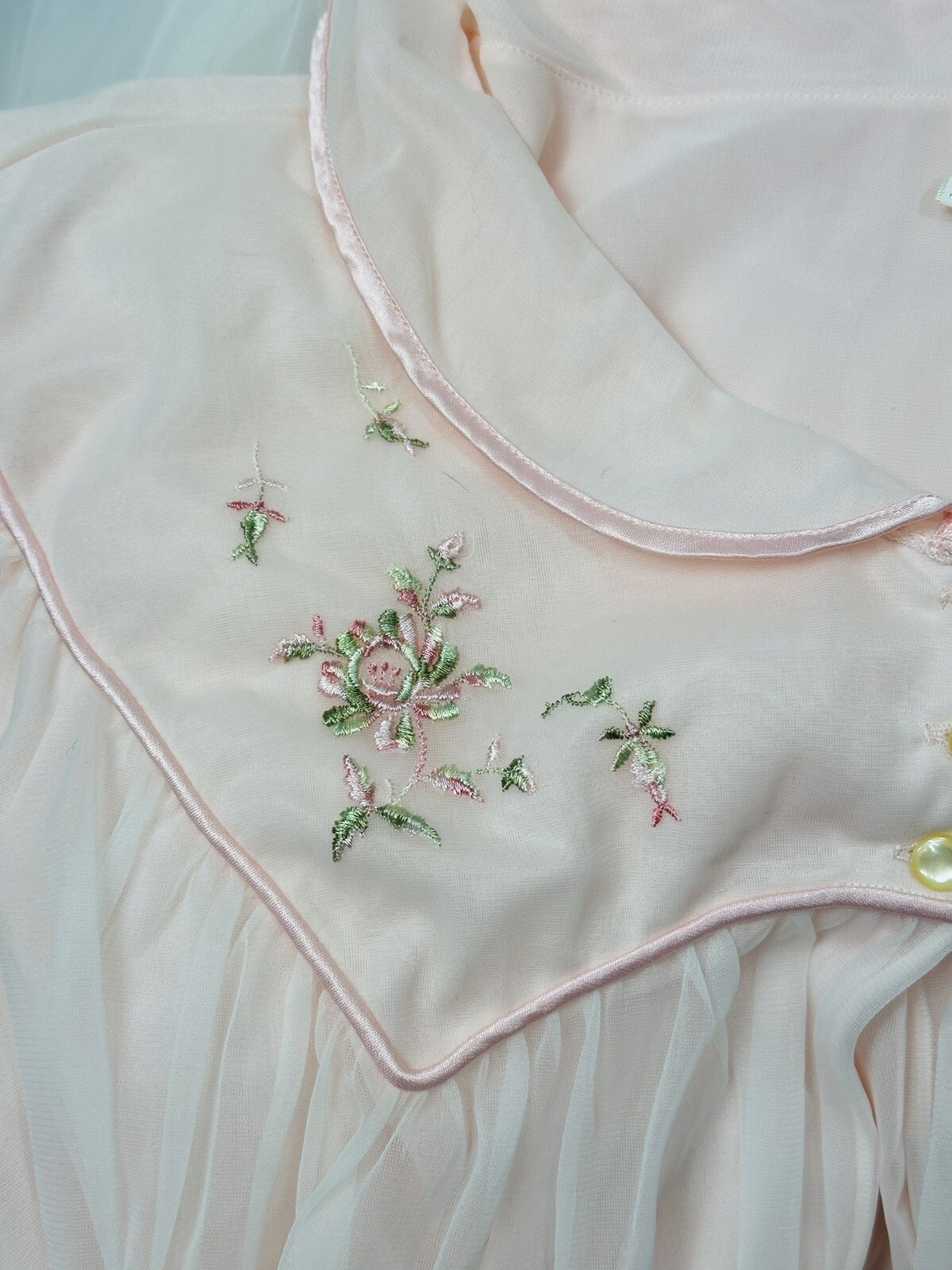 Vtg 34 Godfried Pink Nylon Robe Floral Embroidery Union Made Mcm Retro Pin Up