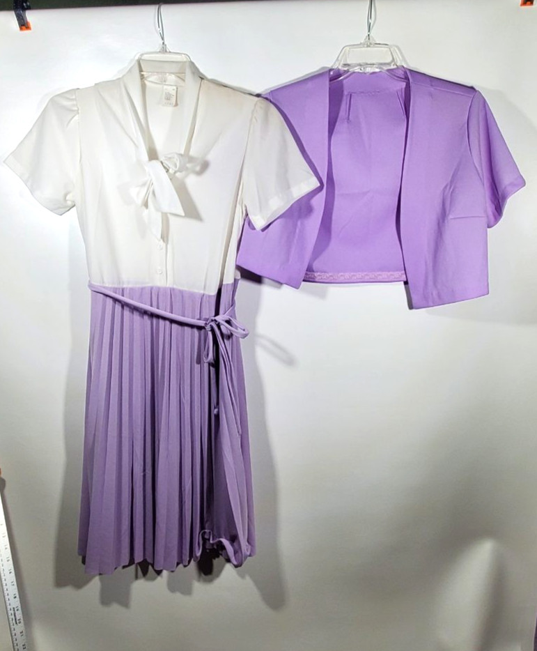 Vintage 70s White Purple Pleated Dress & Bolero Jacket Set Pussy Bow Sz 14 1/2