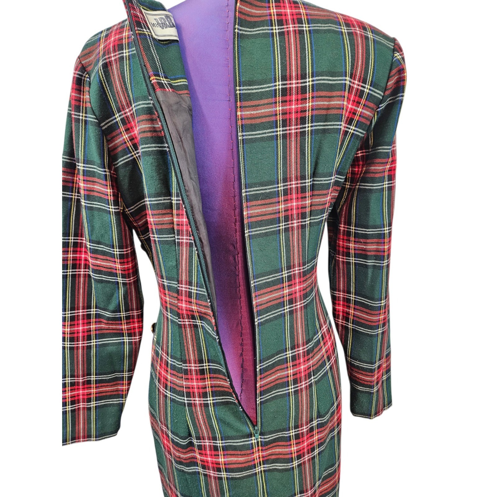 Vintage Misty Lane Tartan Plaid Maxi Dress Gold Crest Buttons Made in USA Size 8