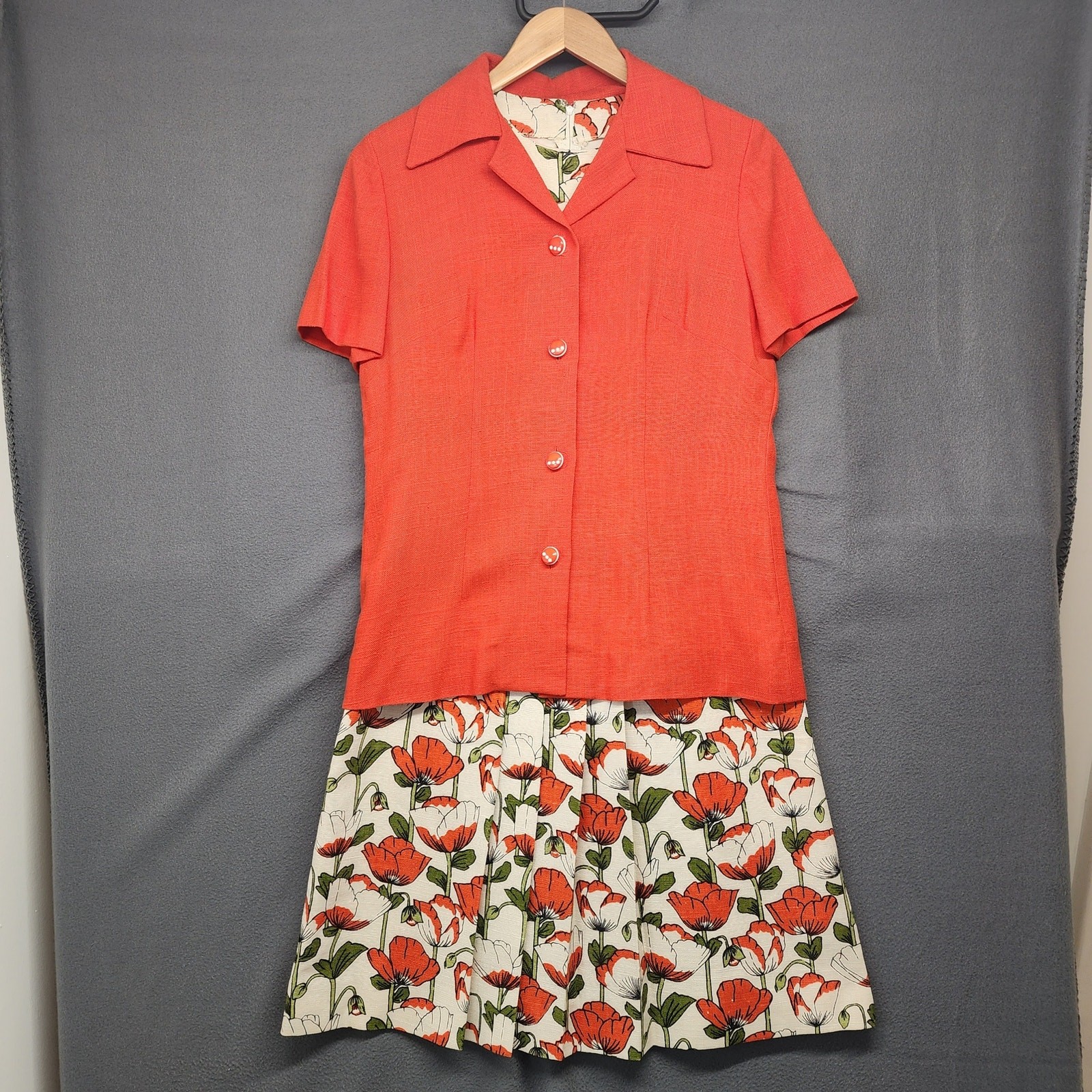 Vtg 60s Handmade Womens 2 Piece Dress Top Set Orange Floral Mod Pleat Belt Twee