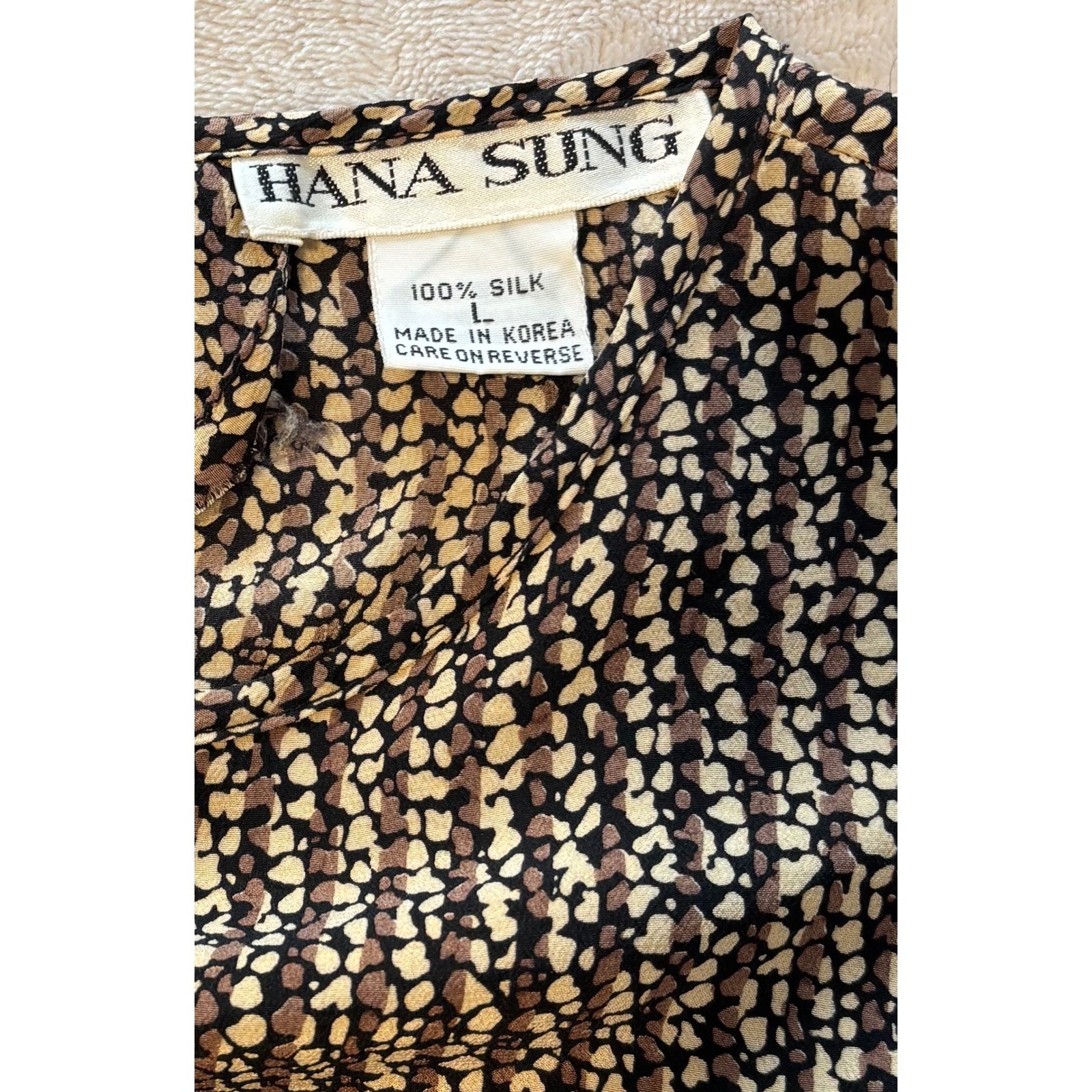 Hana Sung Vintage 100% Silk Blouse Brown Abstract Print Short Sleeve Top Large