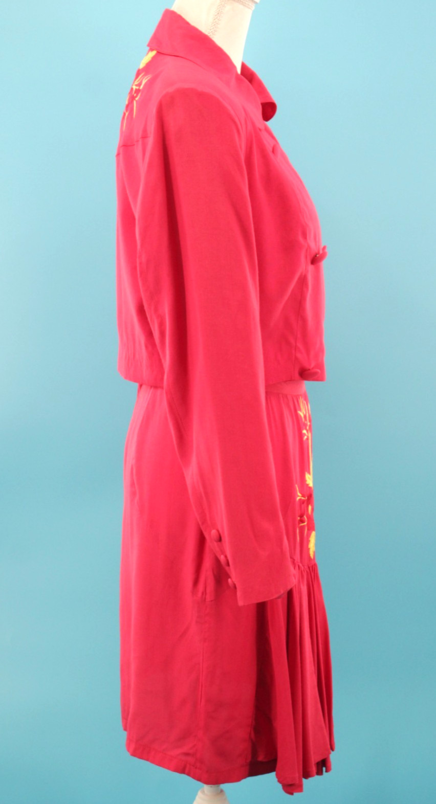 VTG Womens 90s 2 Pc Coral Red Embroidered Rayon Top & Skirt Dress Set XS/S 1990s
