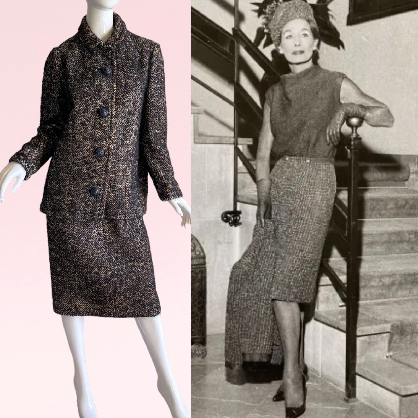 1950s Vintage Gaby Espana Couture Boucle Mohair Wool Rare Jacket Skirt Suit