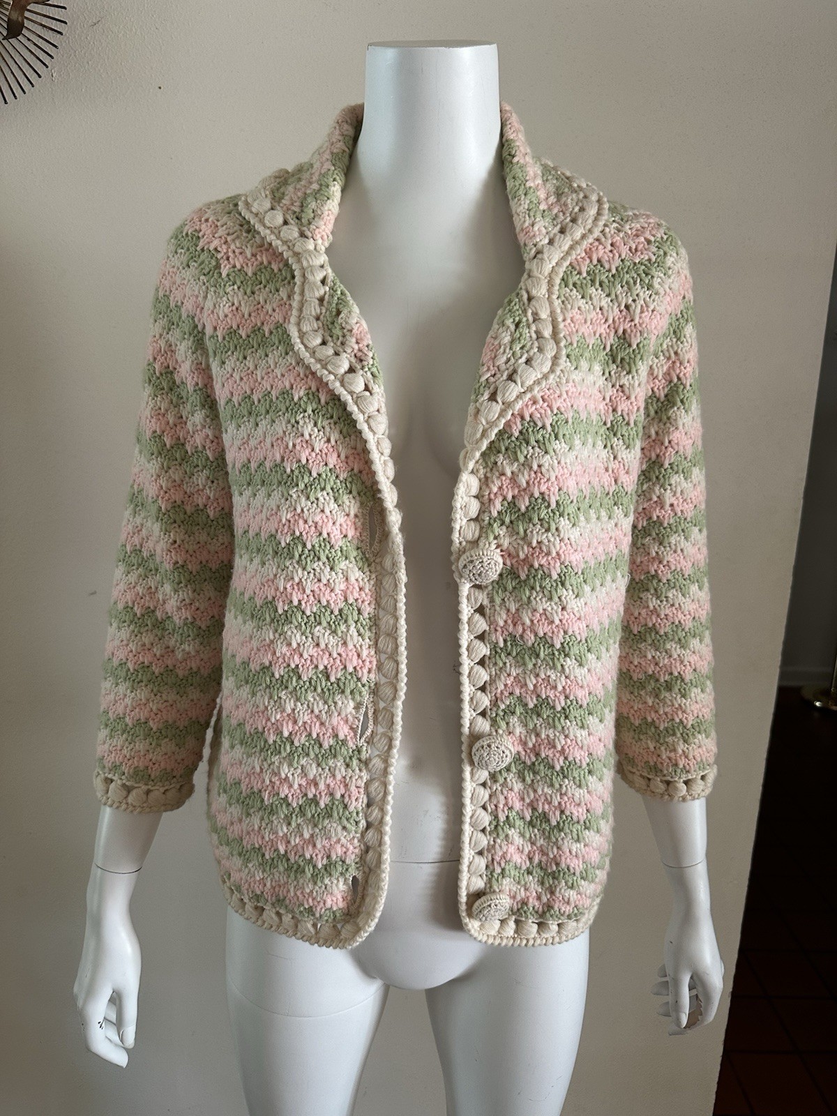 1960s Ilaria Italy Hand Knit Crochet Cardigan Popcorn Stitch Pink Green Sweater