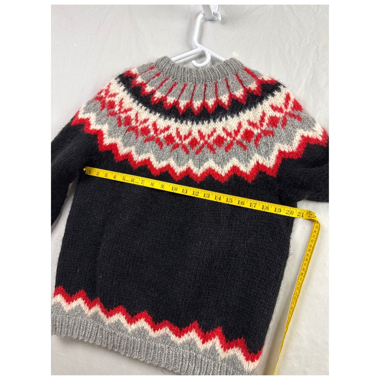 Handmade Sweater Women Medium Black Red Fair Isle Nordic Hand Knit Pullover