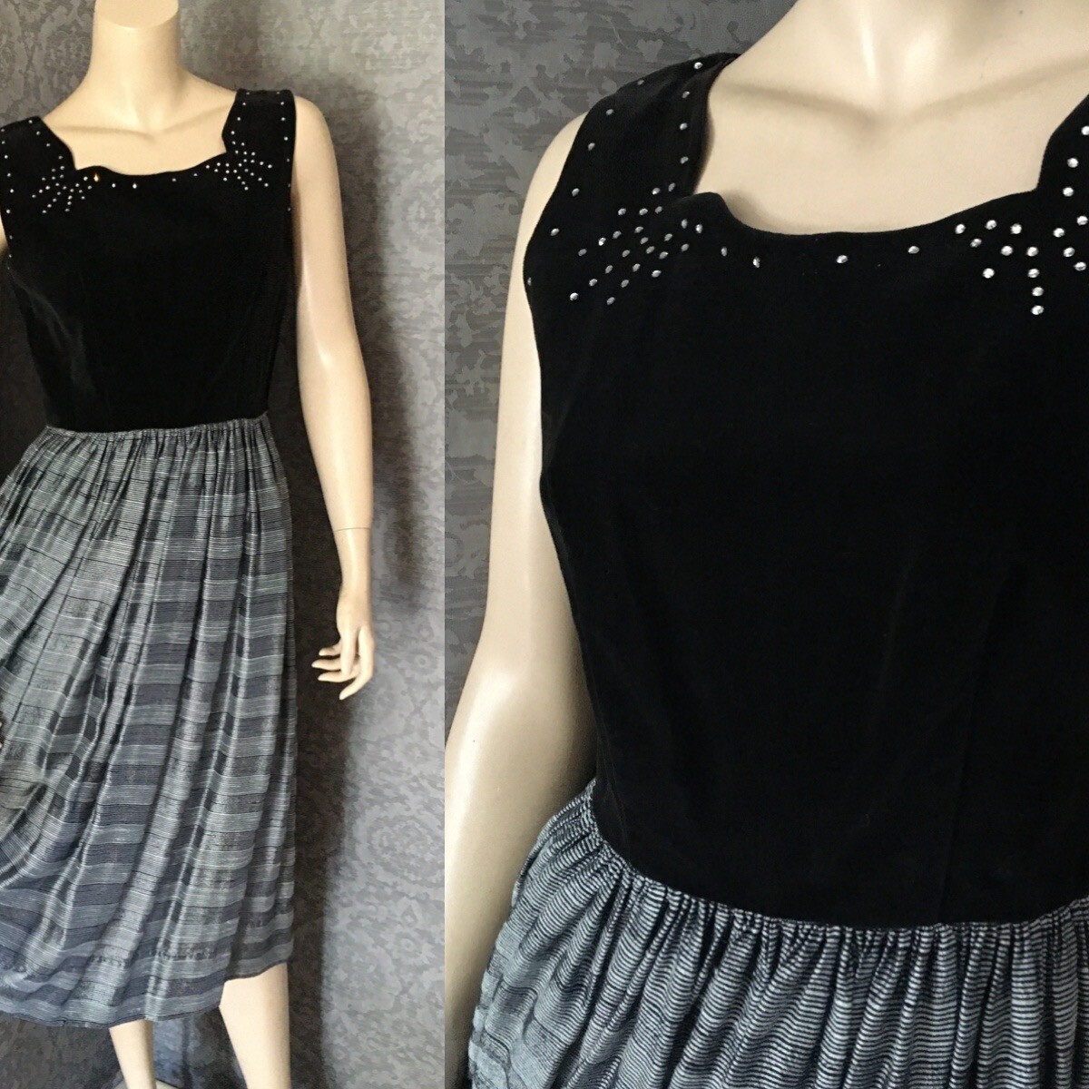 Fit & Flair 1950s Shirley Lee Junior Petite Black Cotton Velveteen, P/S, VLV