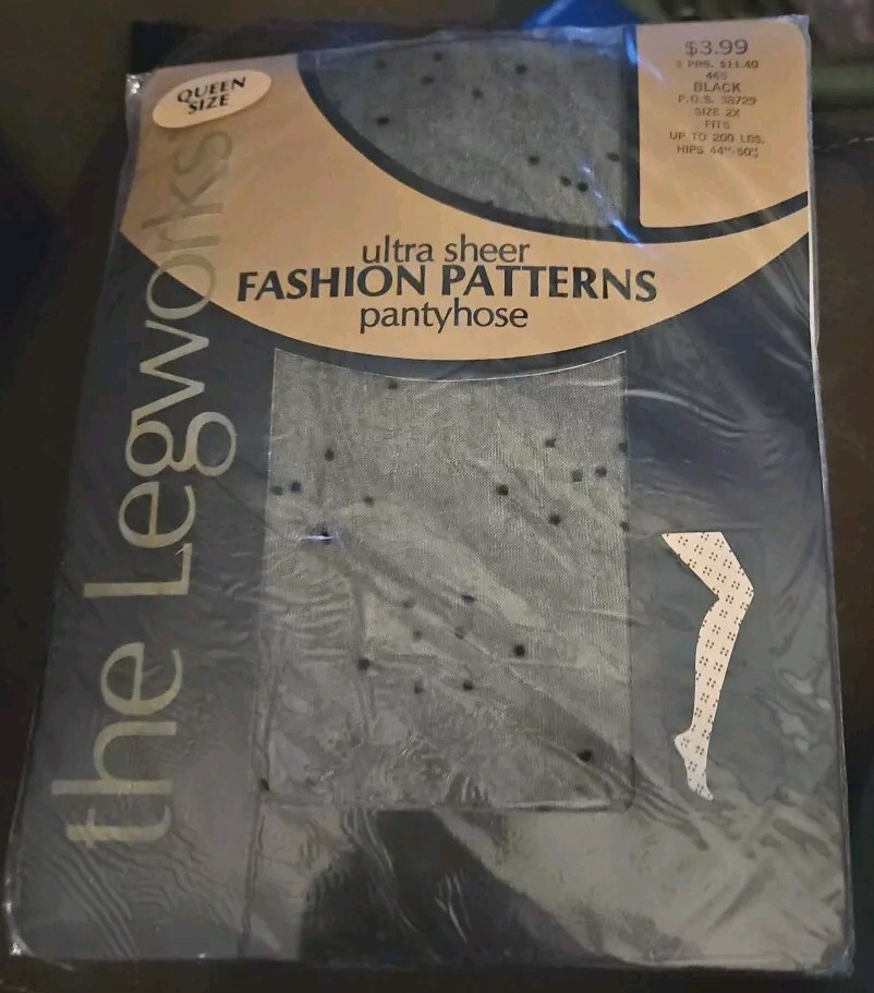Pantyhose Black Sheer Fashion Dots Pattern Womens Sz 2x Nylon Vinta The Legwork