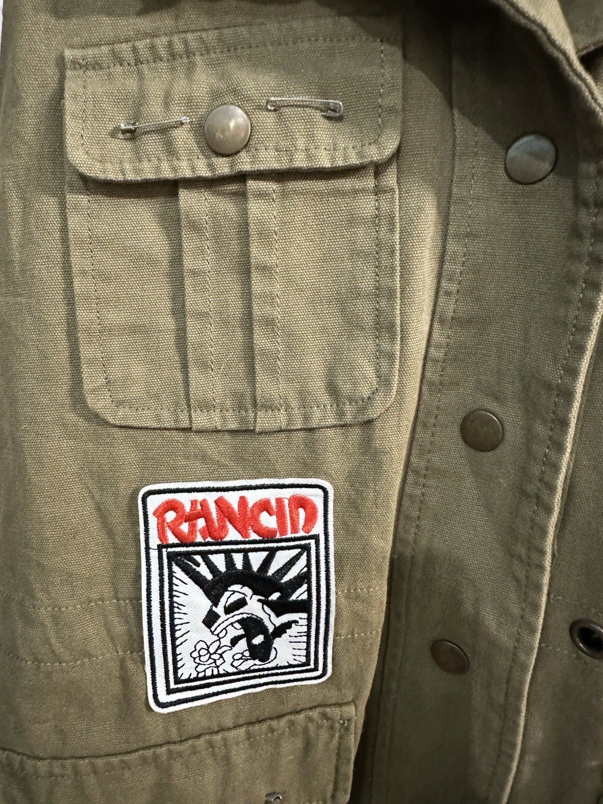 Ramones Rancid Khaki Utility Vest Patches Safety Pins Added Punk Clothes