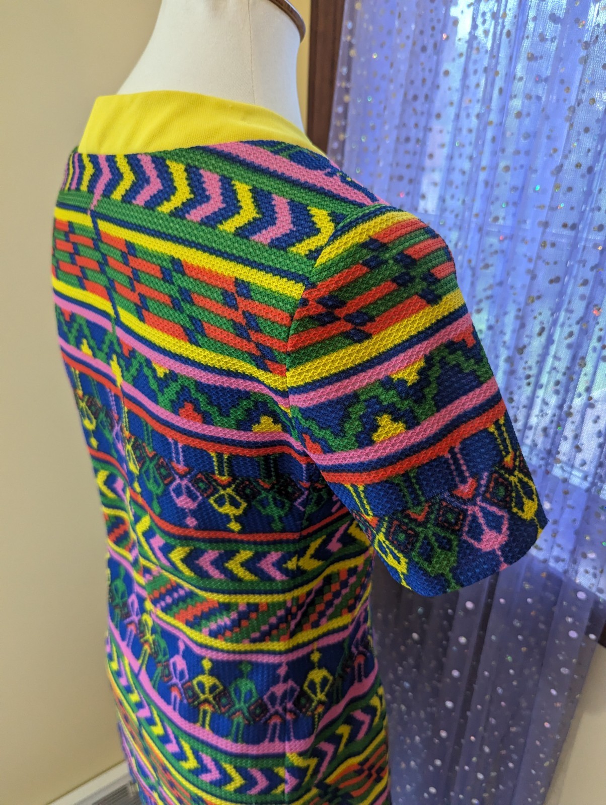 Vintage 70’s Hippie Funky Novelty Neon Rainbow Yellow Poly Tunic Top Size S/M