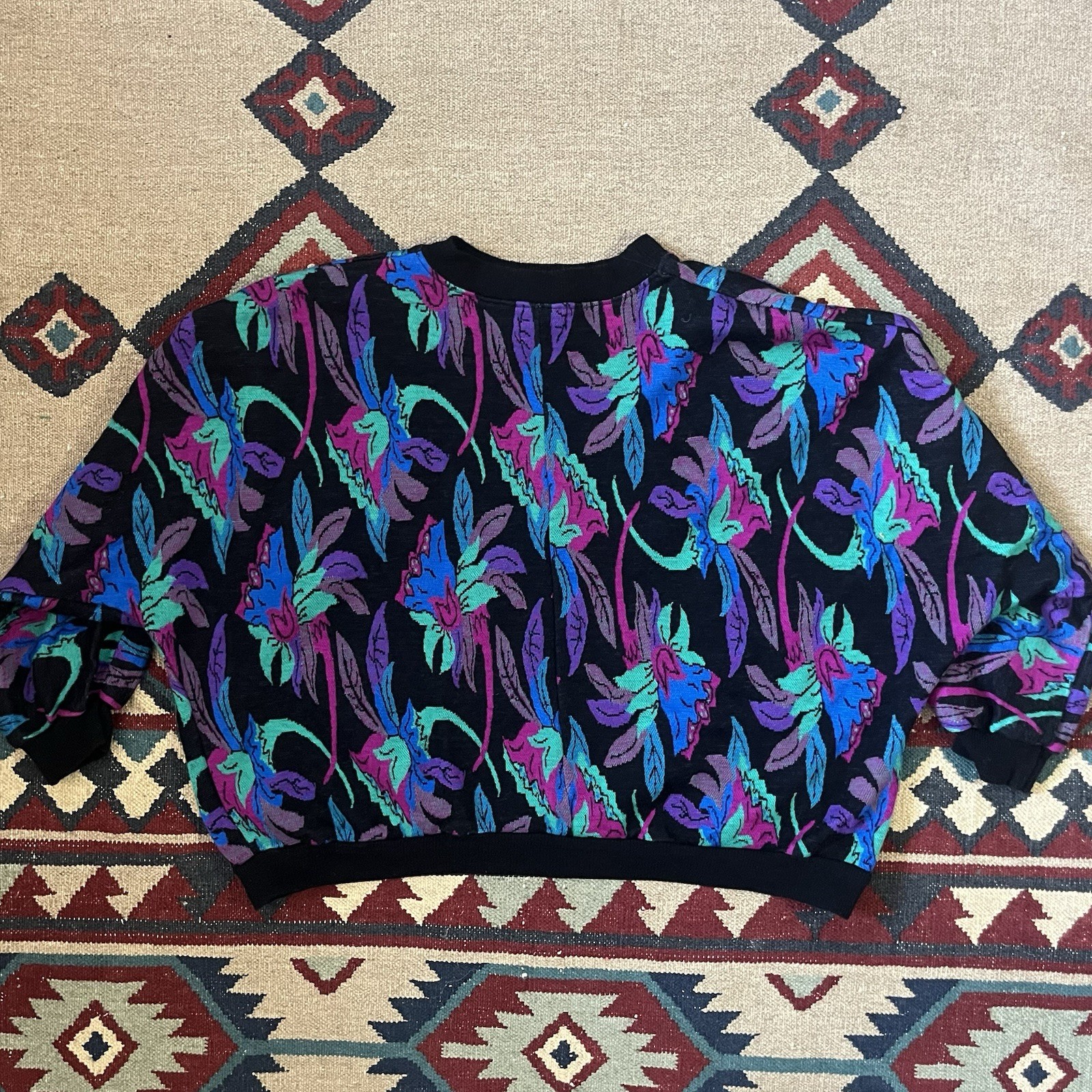 Vintage 80s Floral Dolman Batwing Sweater Women’s XL Acrylic Pullover