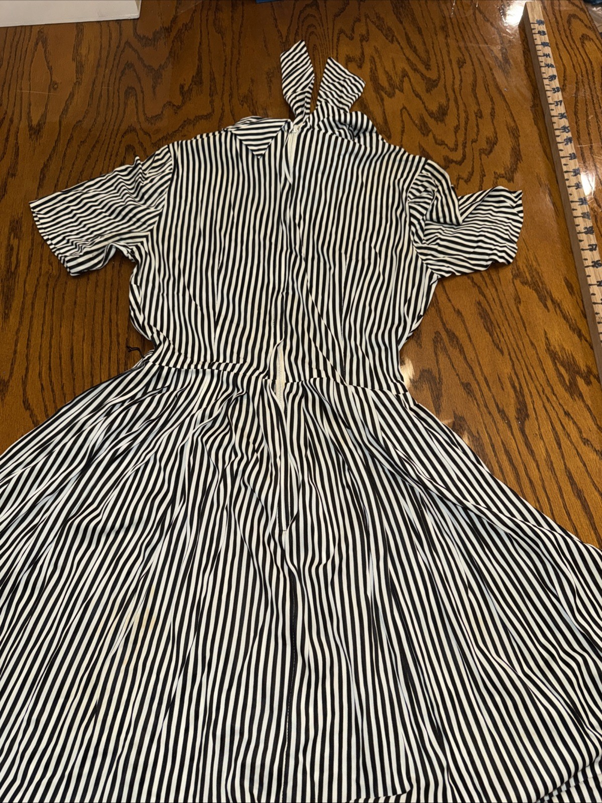 VTG 1970s Helen Scott Striped Midi Dress M/L Rockabilly Secretary Tie Neck