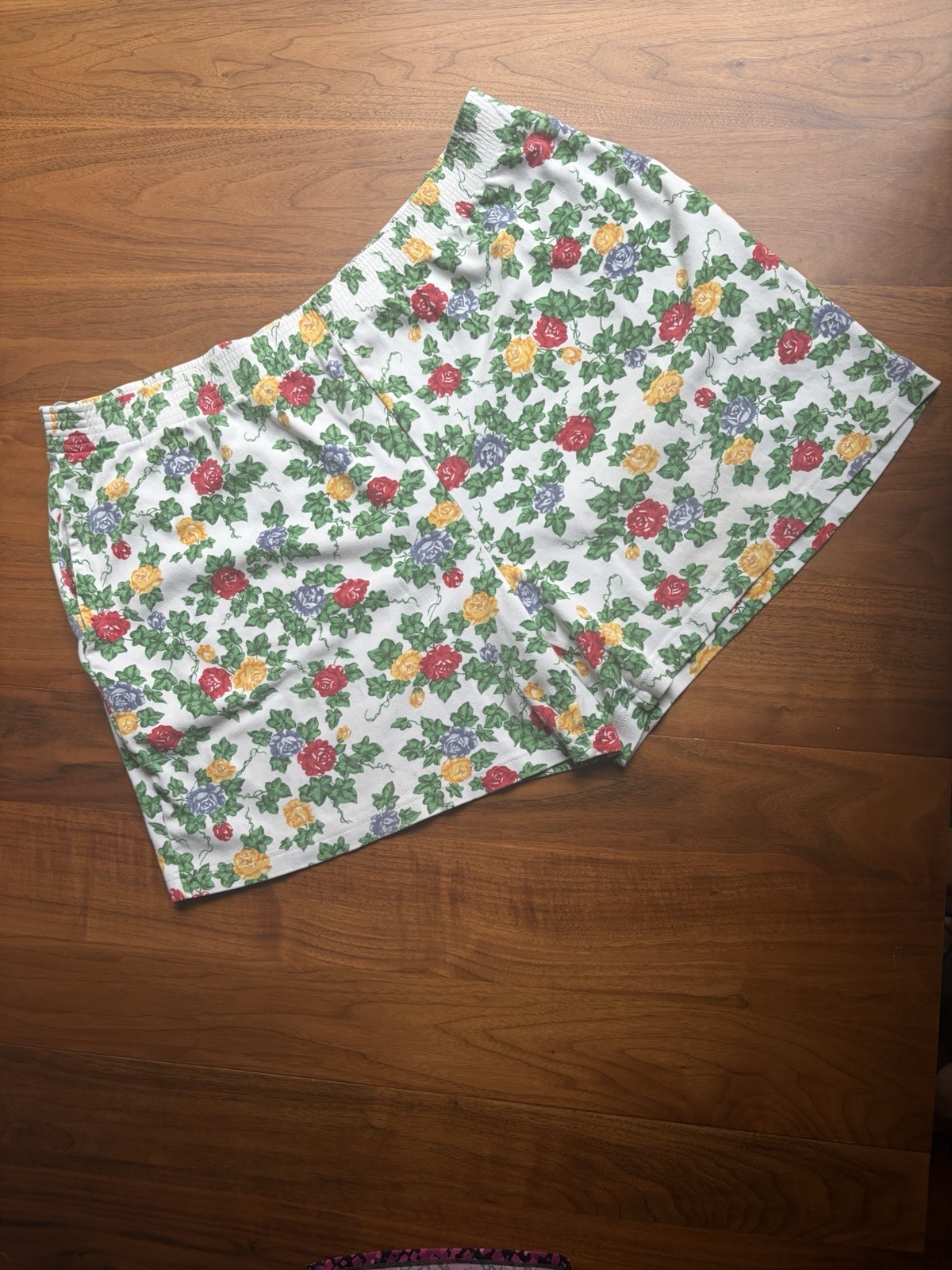 Vintage Bechamel Floral Rose Ivy Print Elastic Waist Cotton Flared Skirt XL