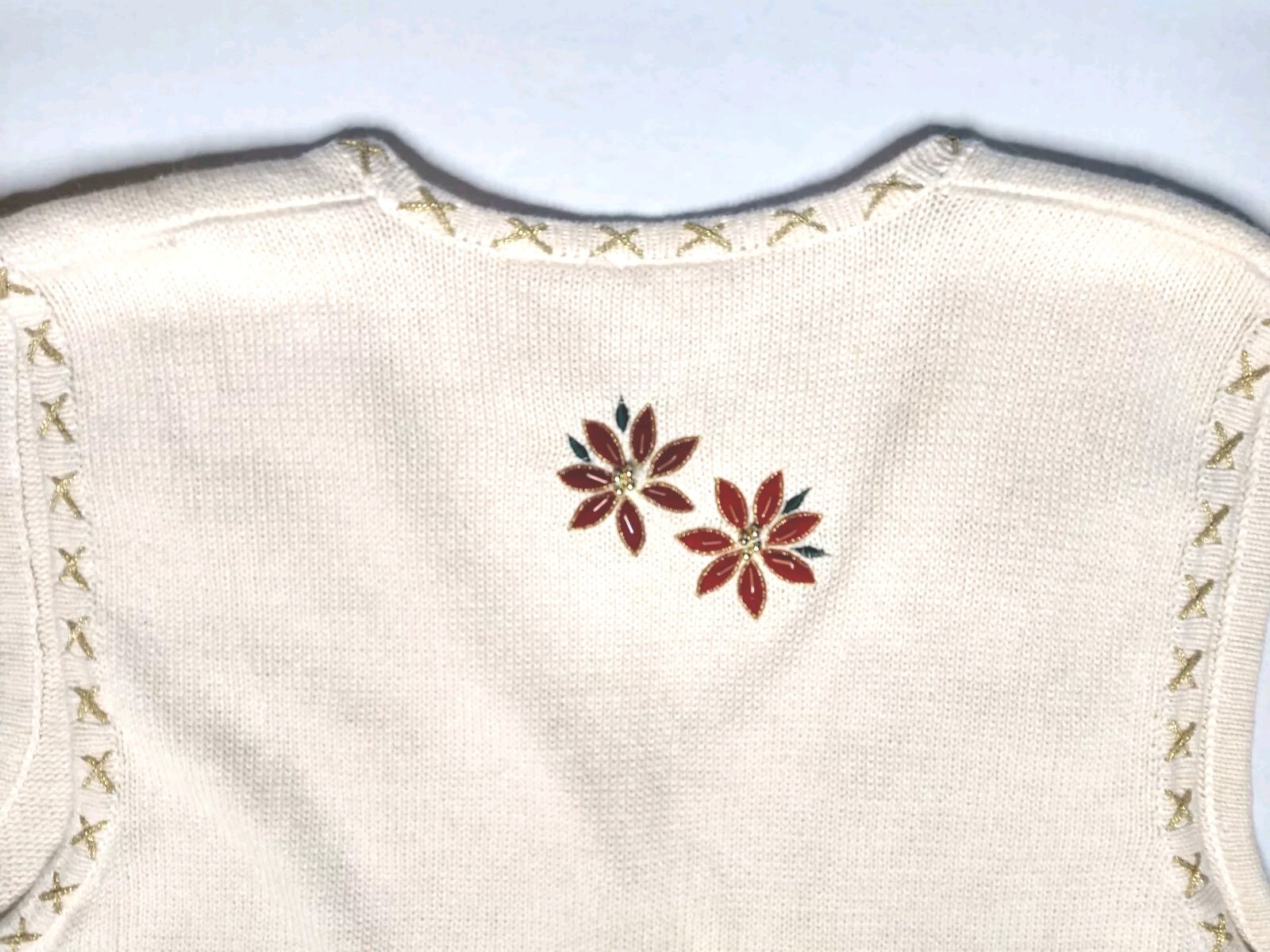 Vtg 90s Bobbie Brooks Poinsettia Holiday Christmas Beaded Metallic Sweater Vest