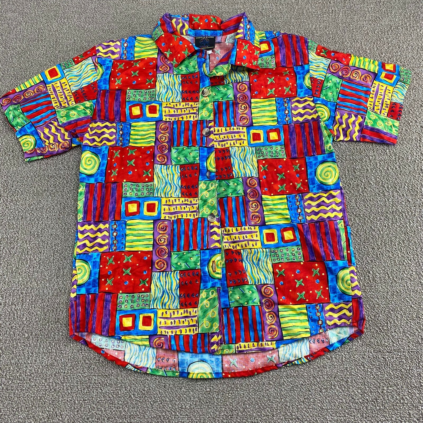 Fast Lane Toucan Dance Hawaiian Shirt Womens S Bright Multicolor Camp USA VTG