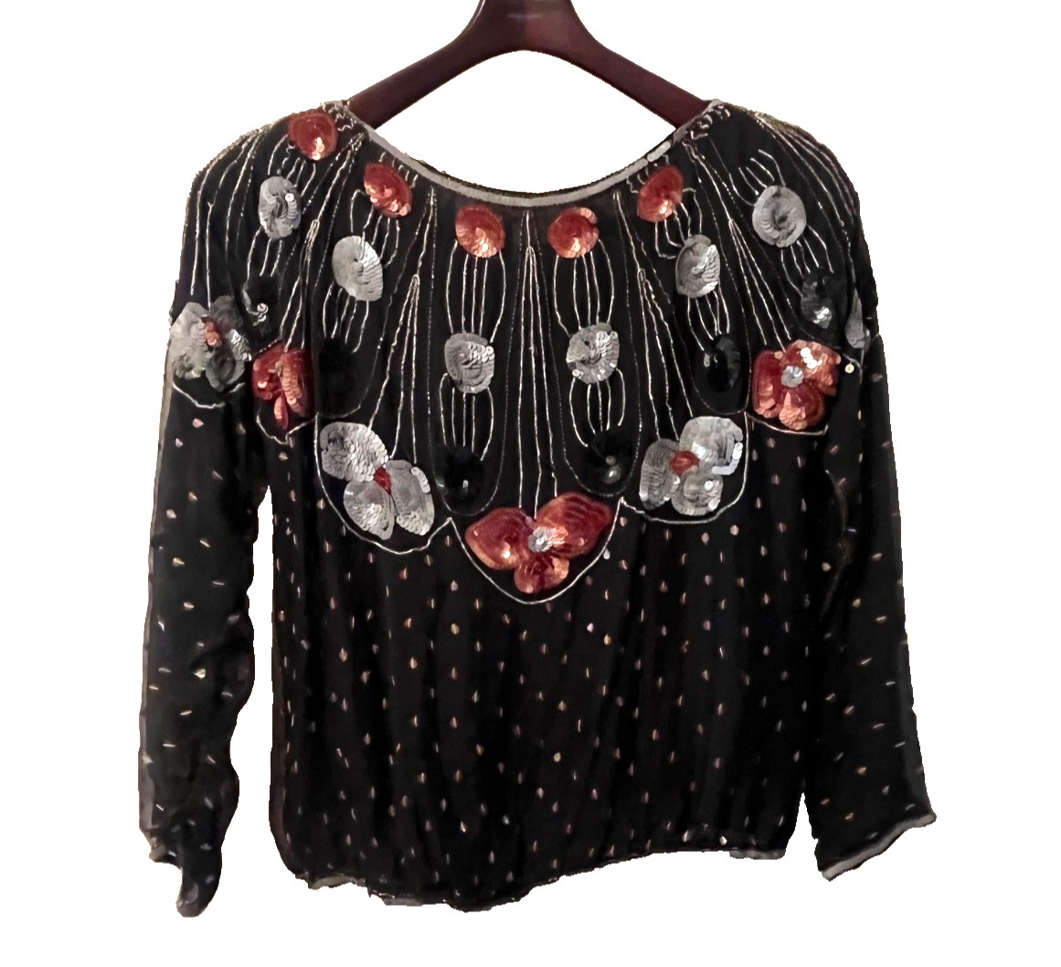VINTAGE JEFFREY LAWRENCE BENTLEY BEADED SILK BLOUSE TOP WOMEN’S S/M SMALL MEDIUM