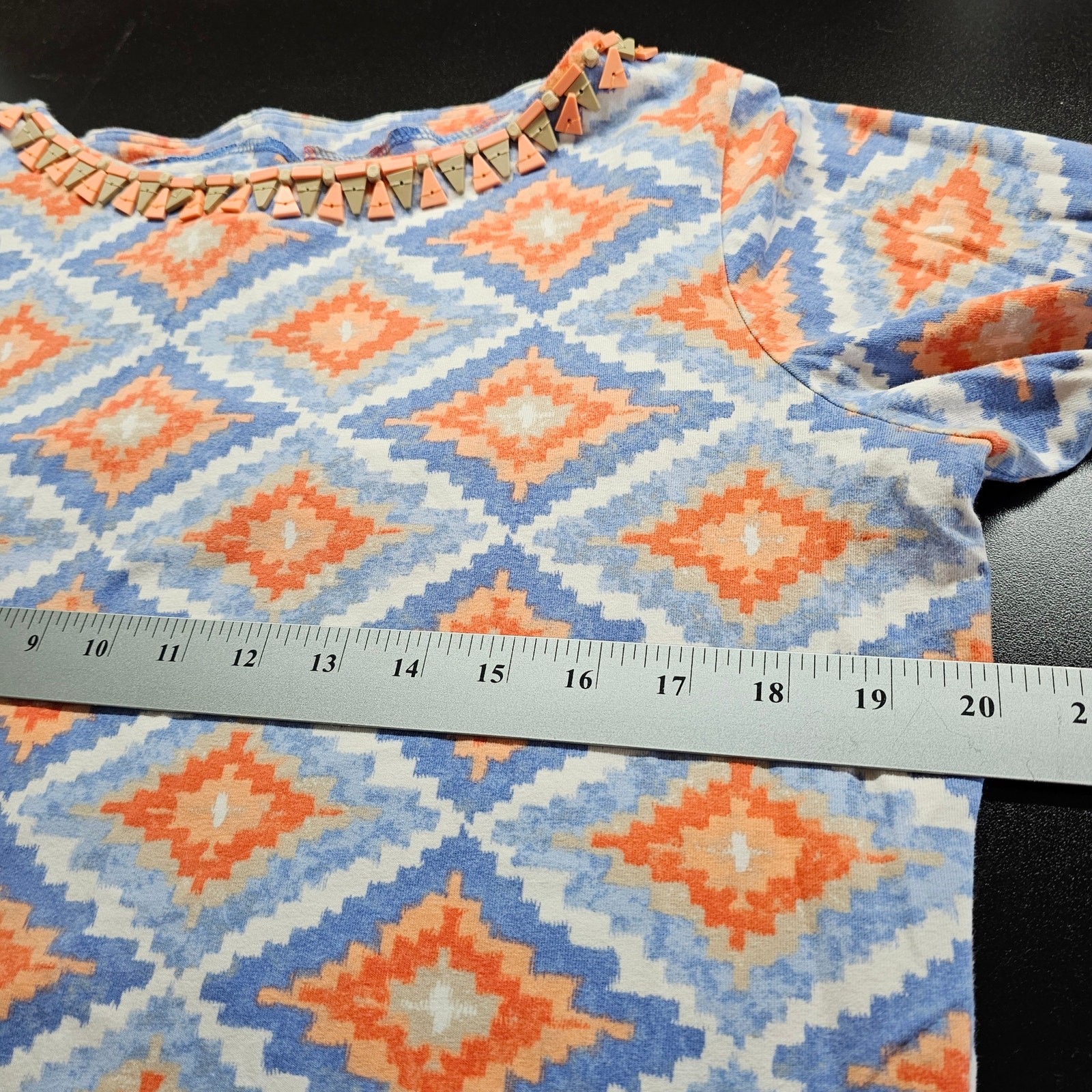 Vintage Ruby Rd. Blouse Womens Medium Blue Orange Geometric Beaded Stretch Y2K