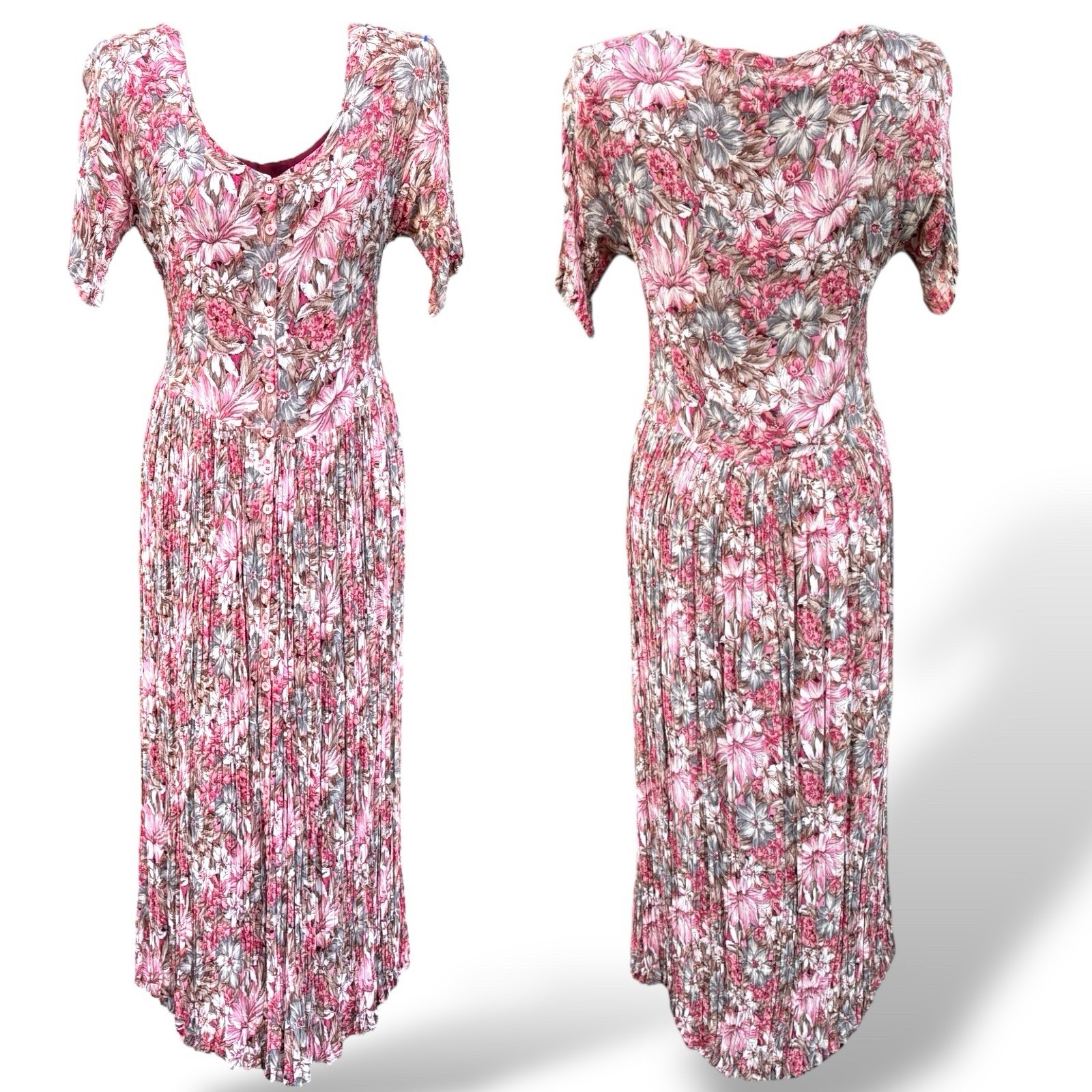 Vintage Starina Midi Maxi Fan Pleat Dress S Floral Button Semi Sheer Cottagecore
