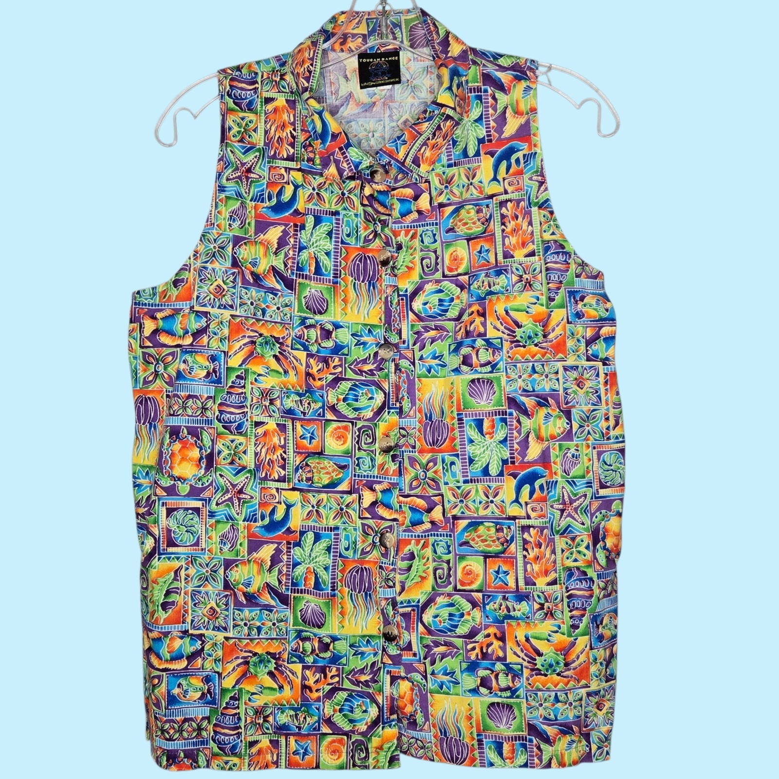 ​Vintage 90s Toucan Dance Tropical Fish Sea Life Sleeveless Blouse Button Down L