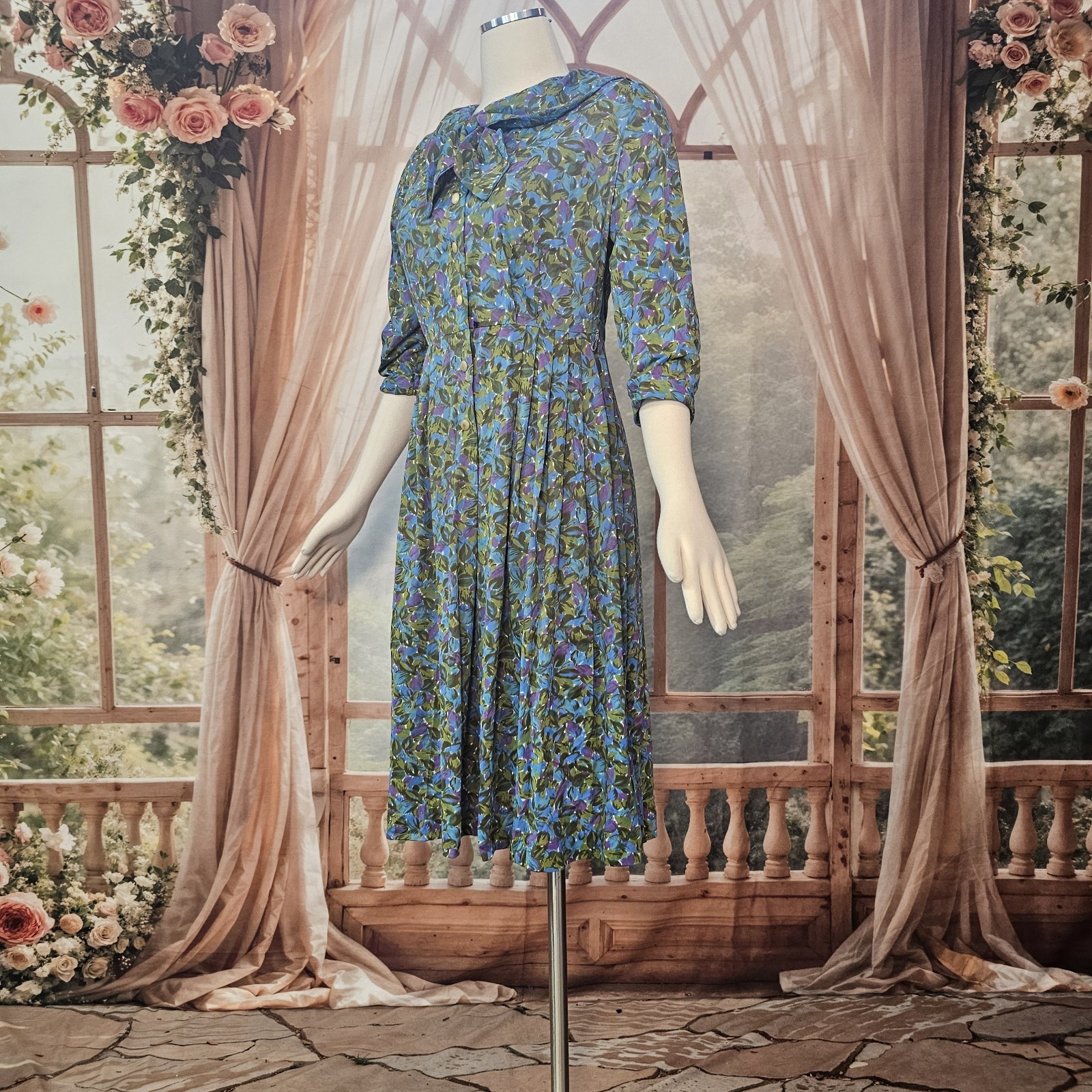 Vintage 1960’s Dress Blue Green Purple Floral Rounded Collar Necktie Retro