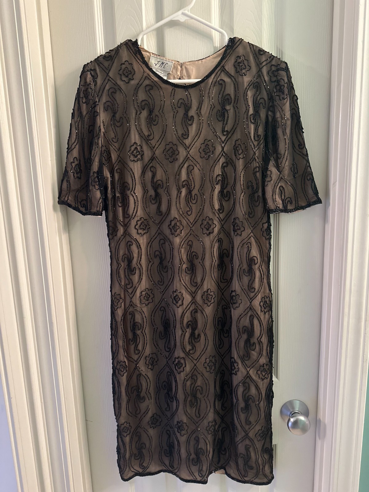Vintage 100% Silk Keyhole Beaded Dress J.M.C. Estimated Size Small Black & Cream