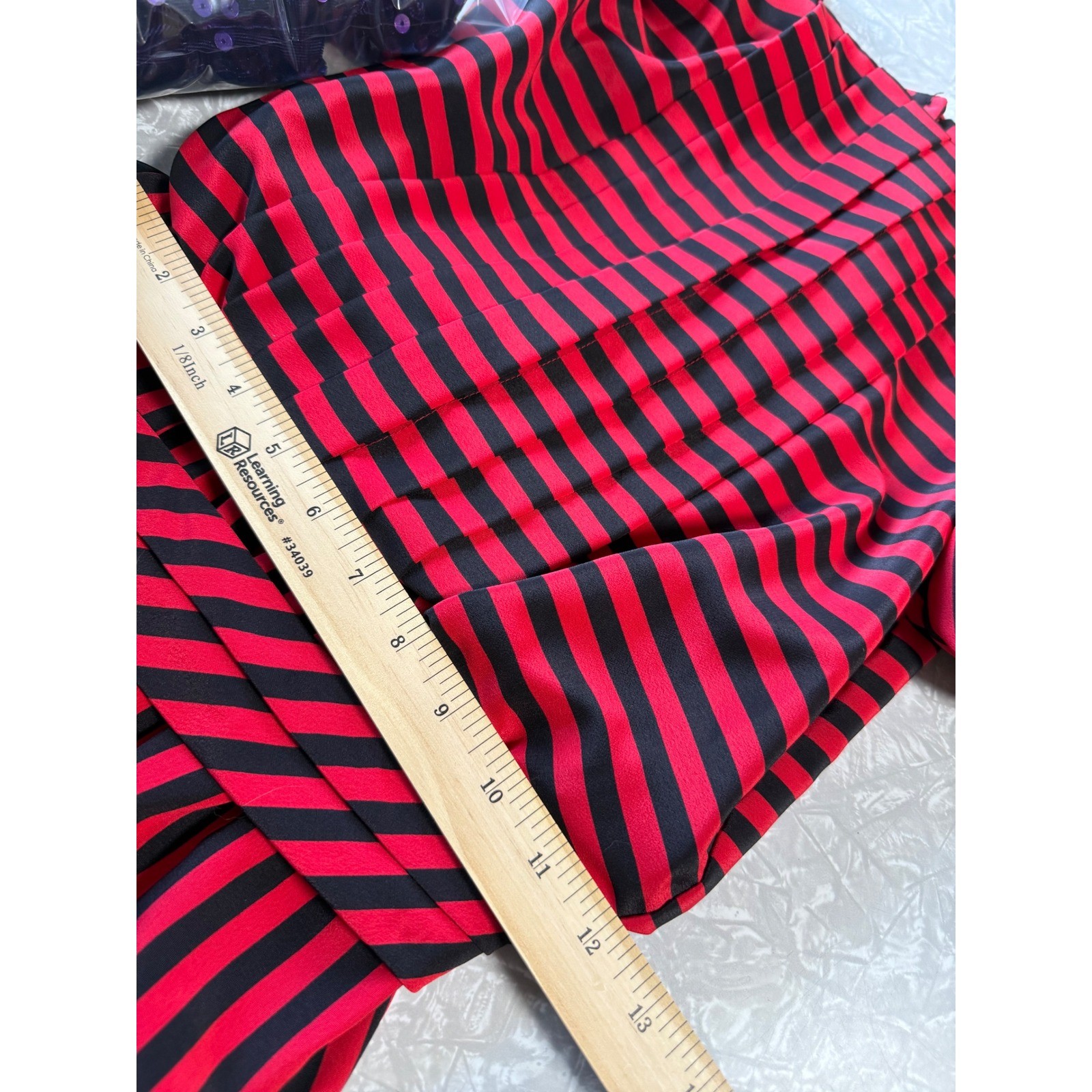 JSJ Vintage 80s Red Black Striped Pleated Midi Dress Puff Sleeve Rockabilly