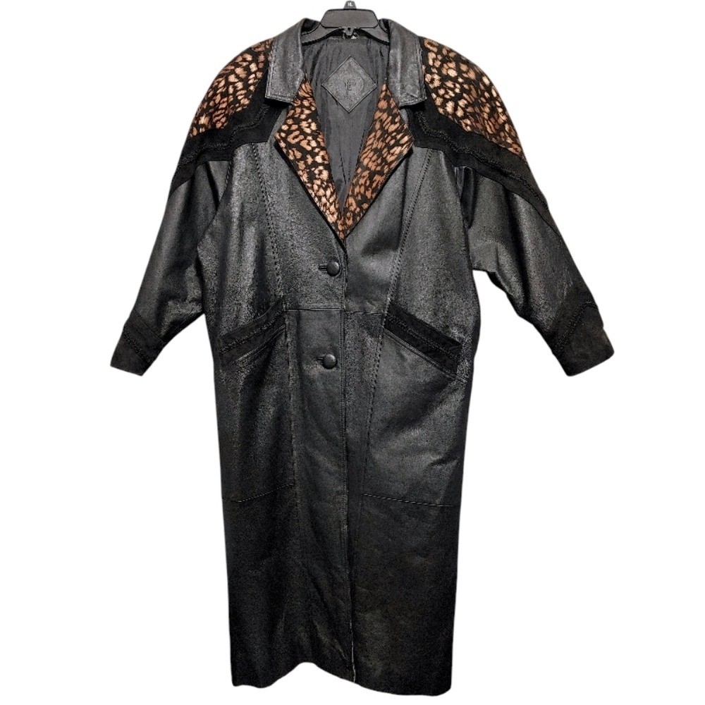 Vintage 80s JF J Ferrar Black Leopard Print Leather Suede Trench Coat Size Large