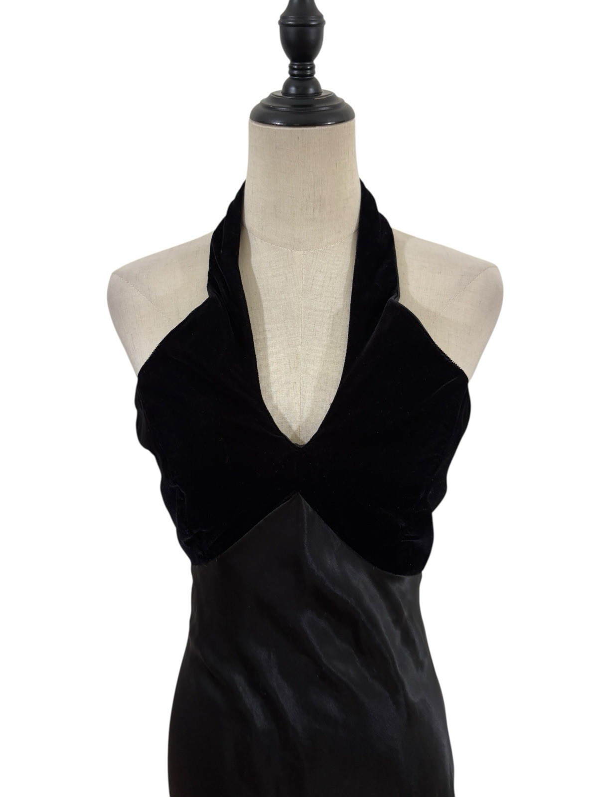 Vtg 90s LA Glo Black Velvet & Satin Halter Slip Maxi Gown Dress Sz 7 Glam Goth