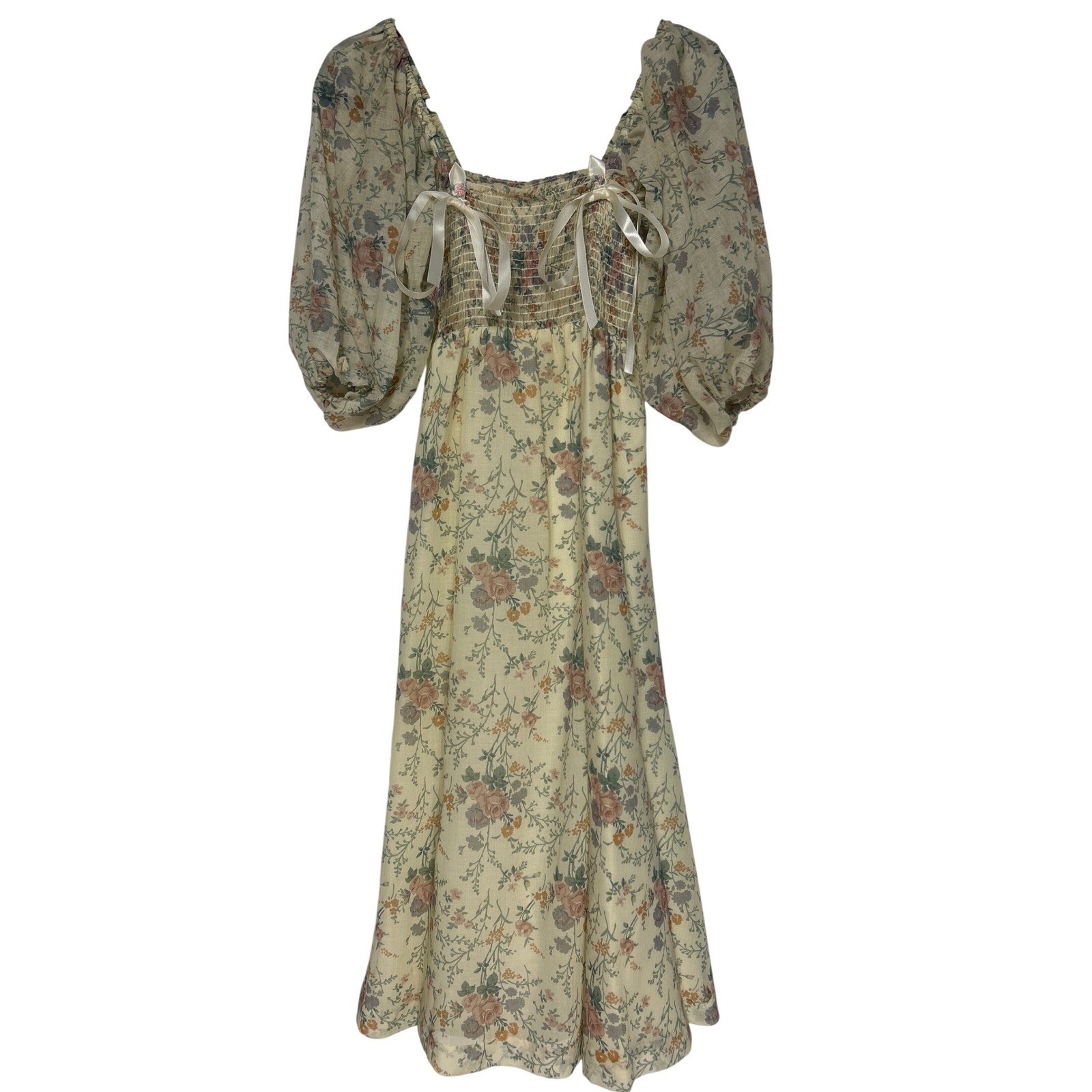Vintage Cottagecore Floral Smocked Maxi Dress Puff Sleeve Cream Pink Girl’s Sz 7