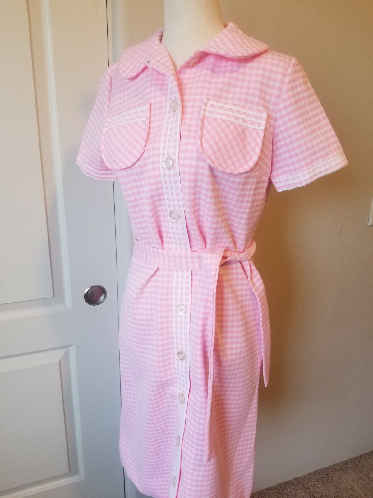 Vintage 70s David Crystal Day Dress Knit Pink White Gingham Pockets Small