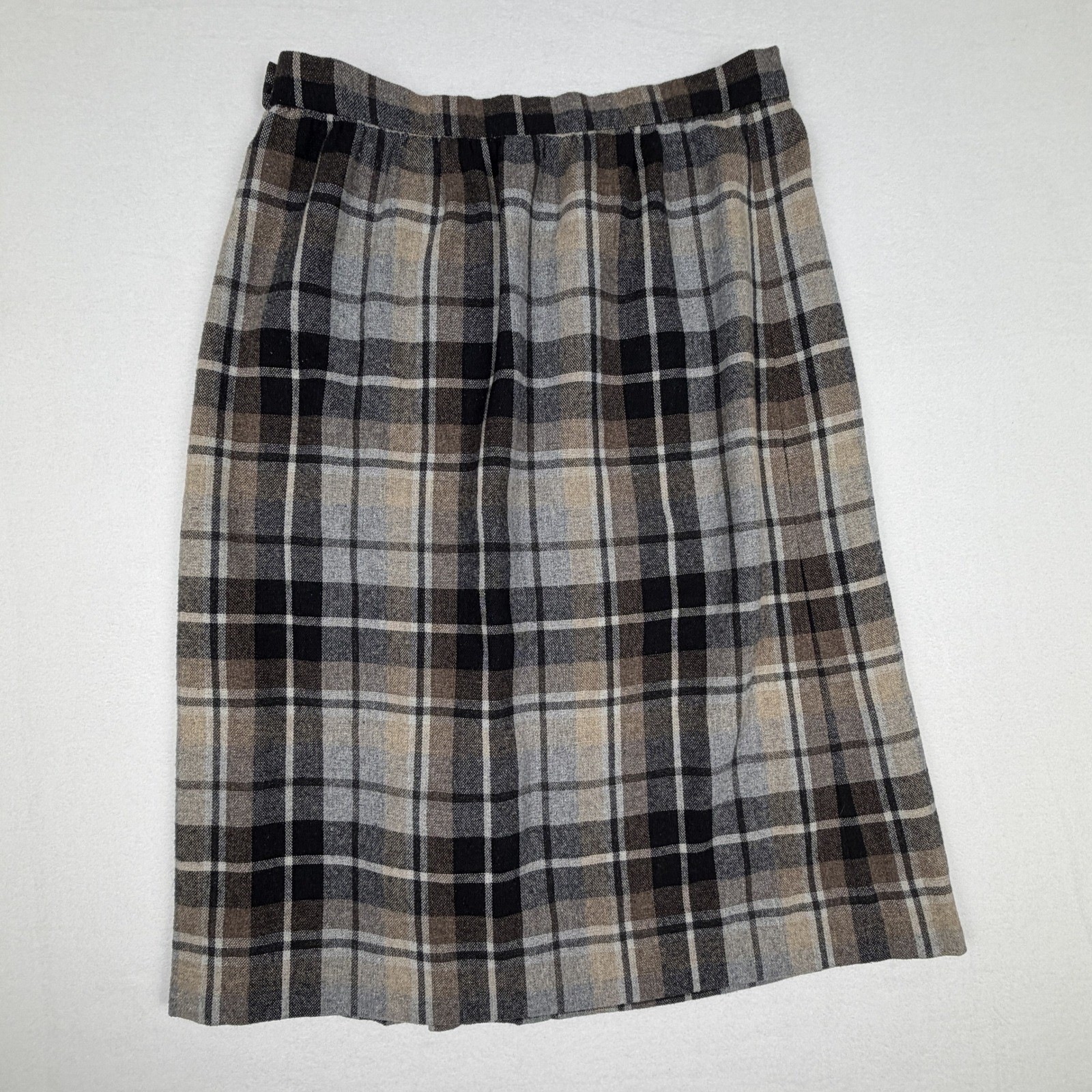 Vintage Plaid Midi Skirt Brown Grey Black High Waist Pleated Wool Blend