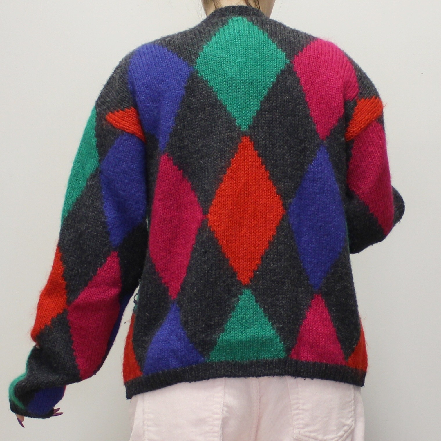 Vintage 90s Wool/Mohair/Acrylic Harlequin Jester Print Cardigan by Cappagallo