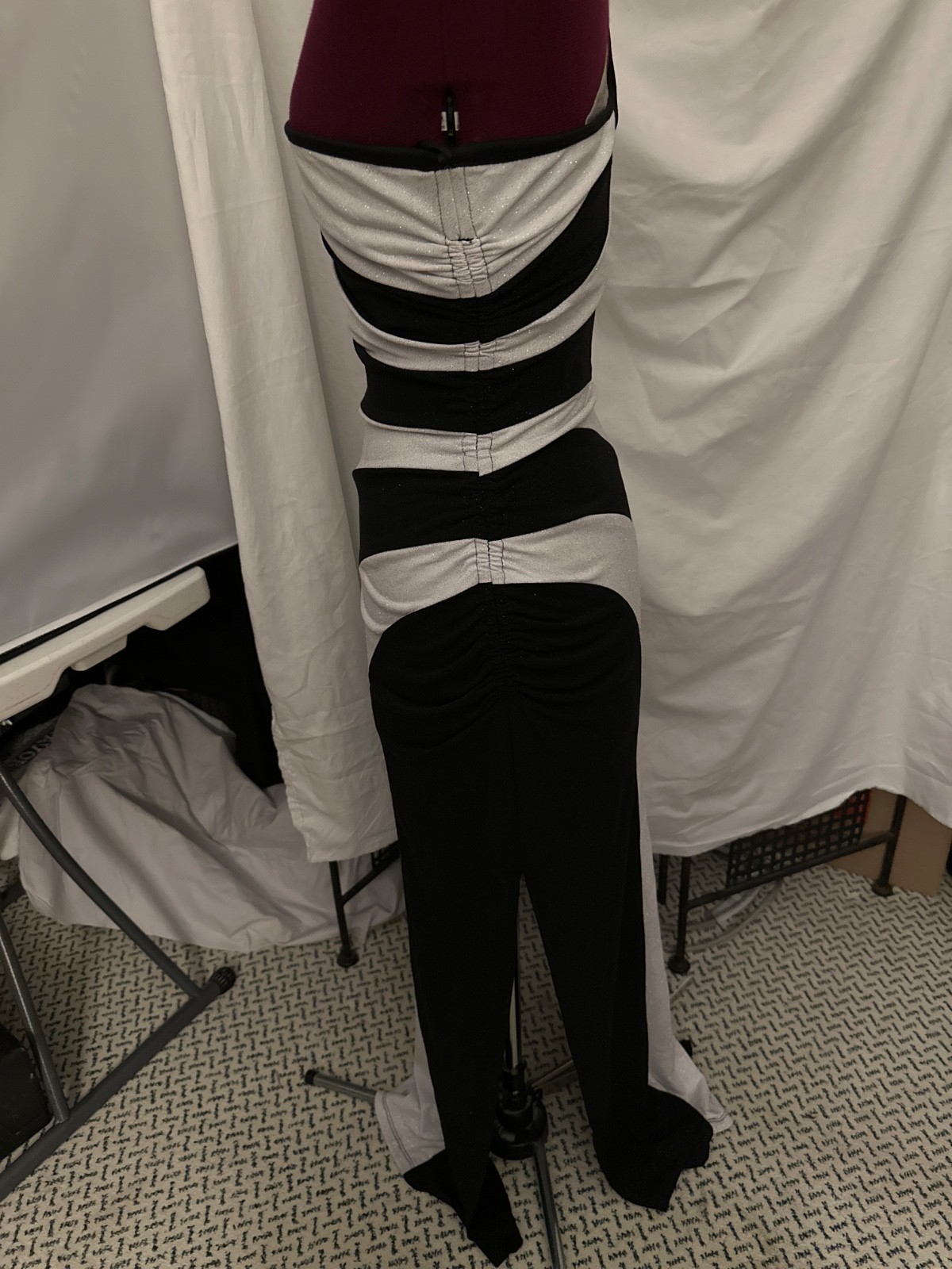Vintage COXO womans Black & White long Gown side slits of the shoulder one strap